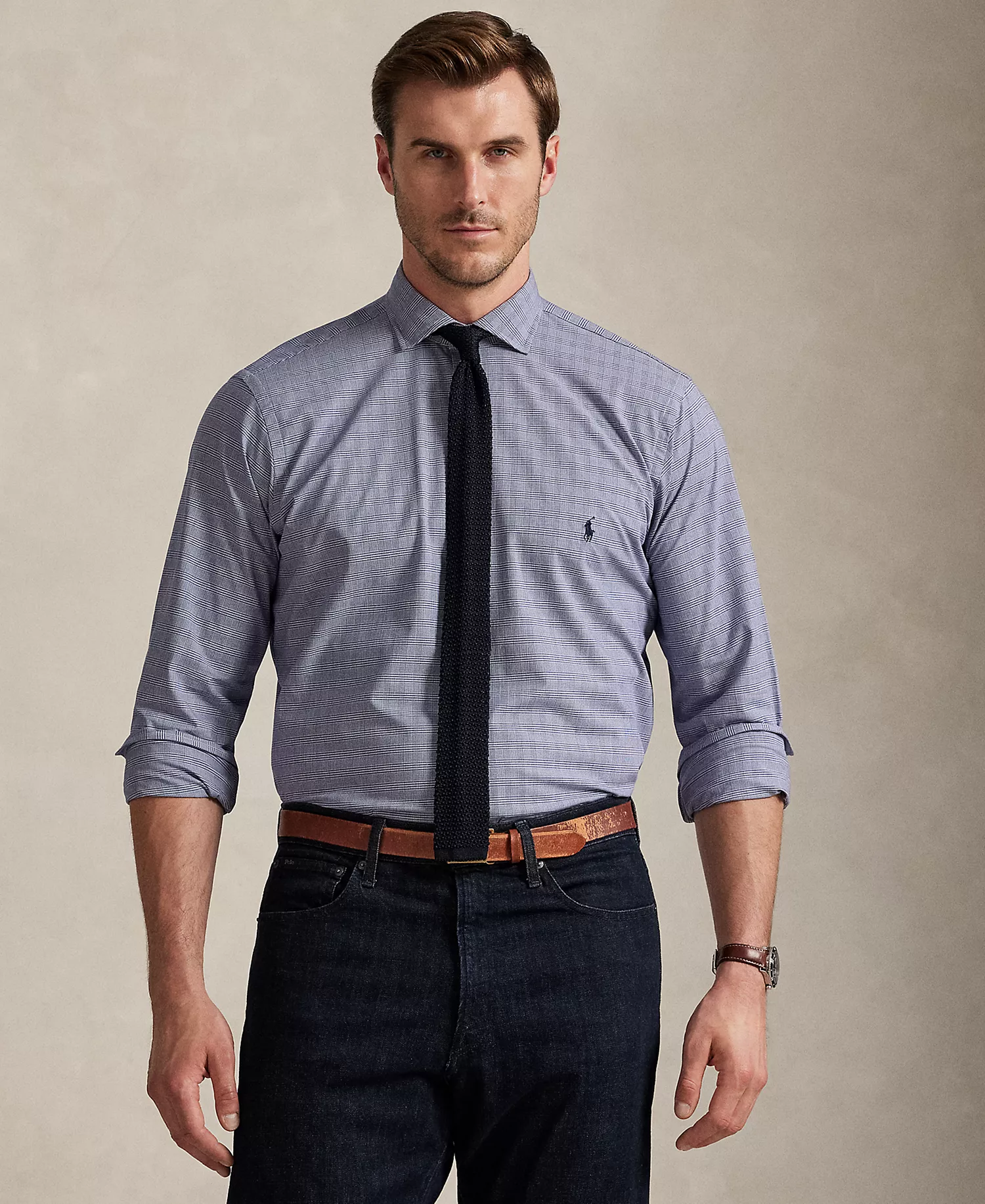 Men's Big & Tall Plaid Stretch Poplin Shirt - Navy White - 2LT