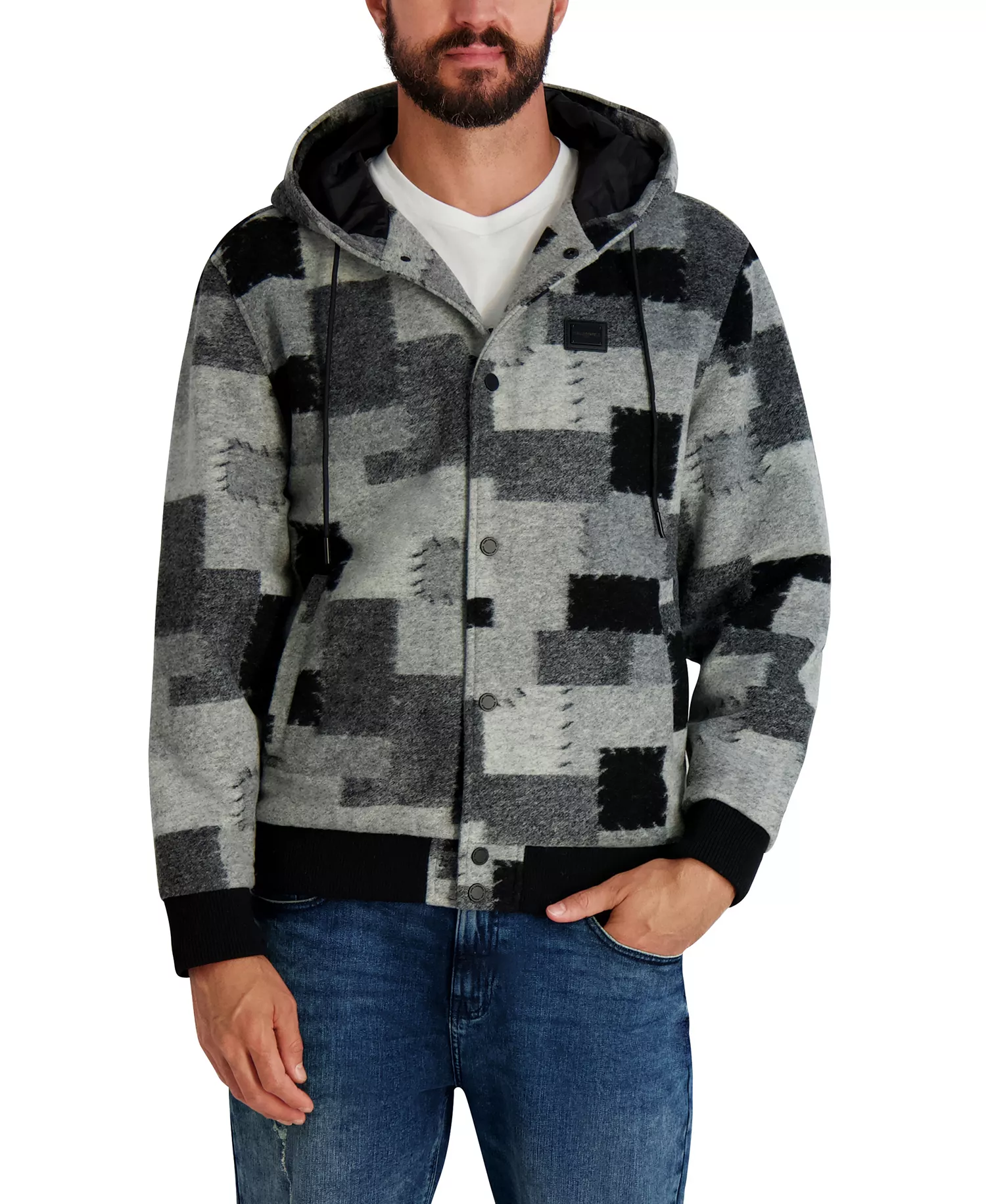 Men's Patch Detail Hooded Jacket - Black/Gray - 2XL