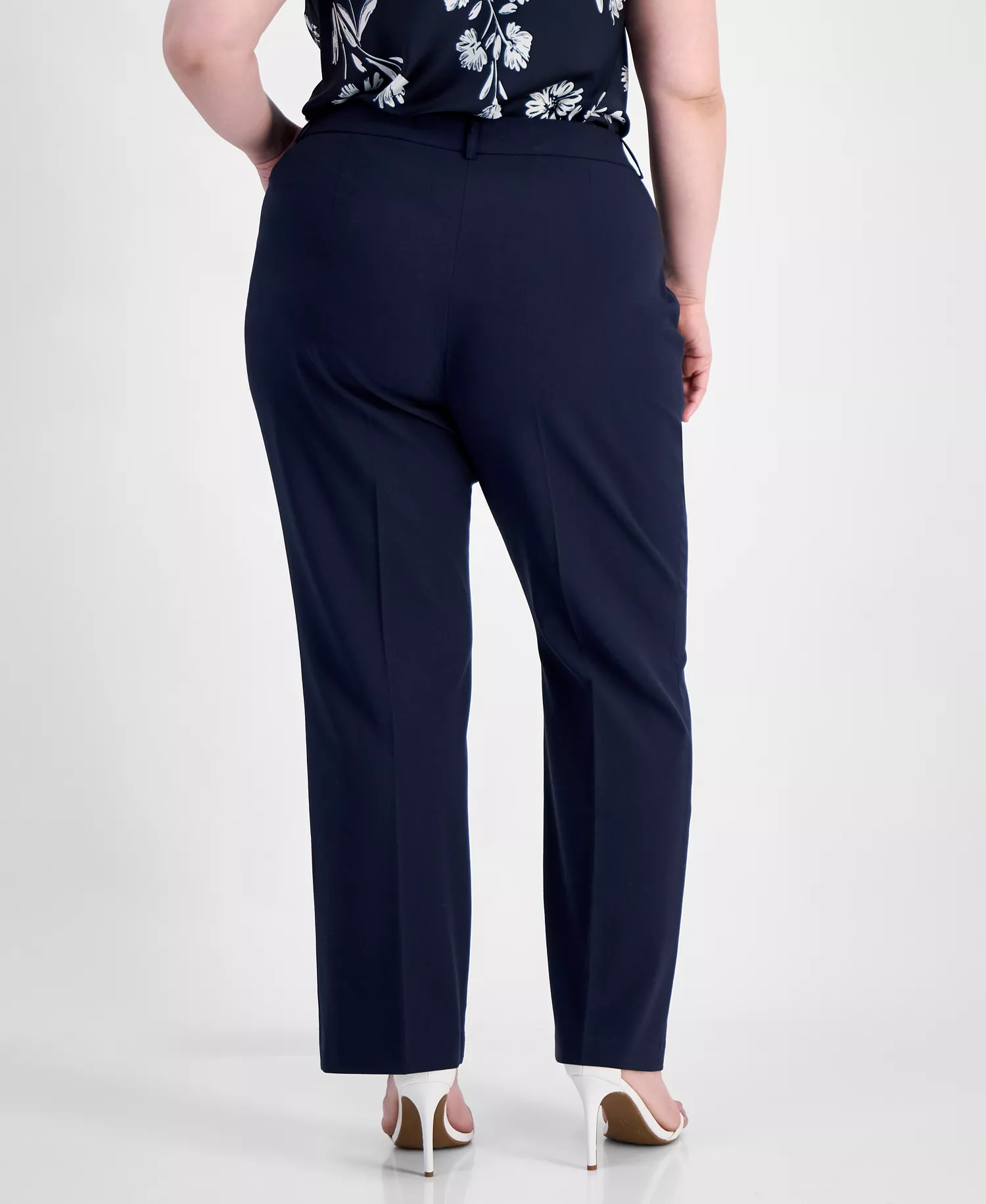 Plus Size Bird Eye Press-Pleat Straight-Leg Pants  - New Navy - 14W
