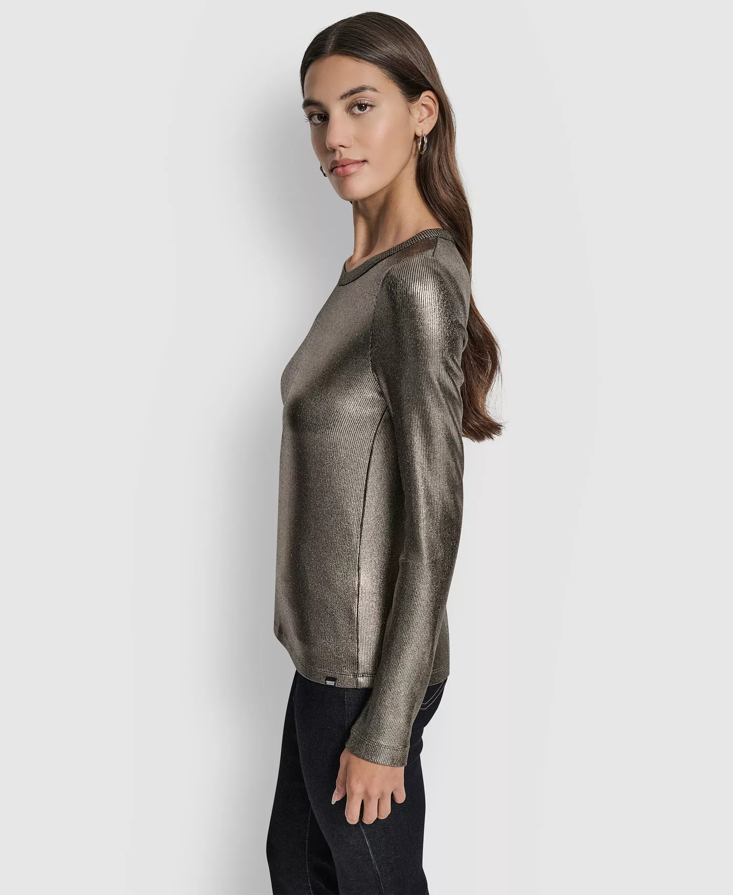 Women's Foil Rib Crewneck Long Sleeve Top - Black/Gunmetal - L