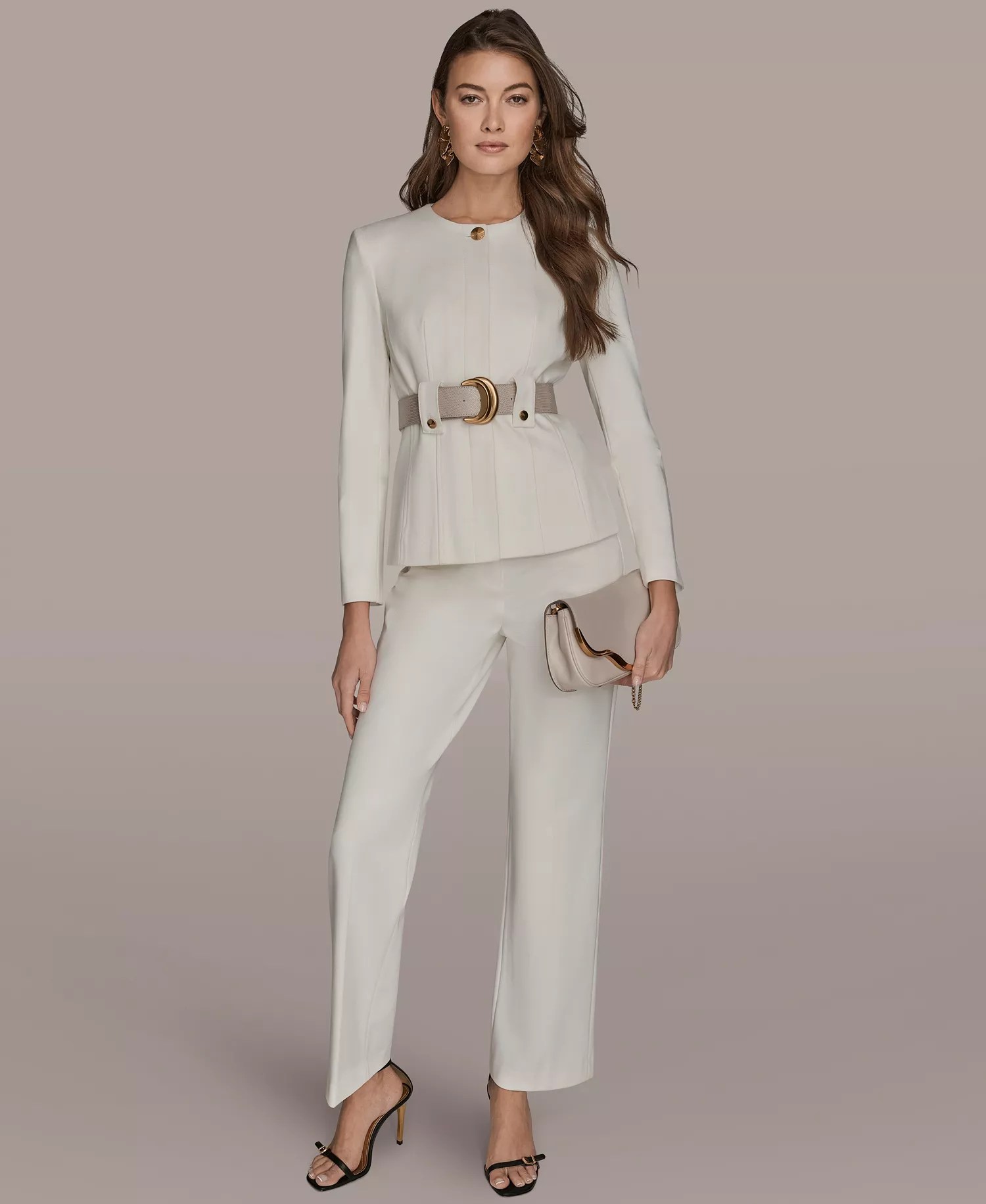 Women's Belted One Button Jacket and Flared Mid-Rise Pants - Cream - 10