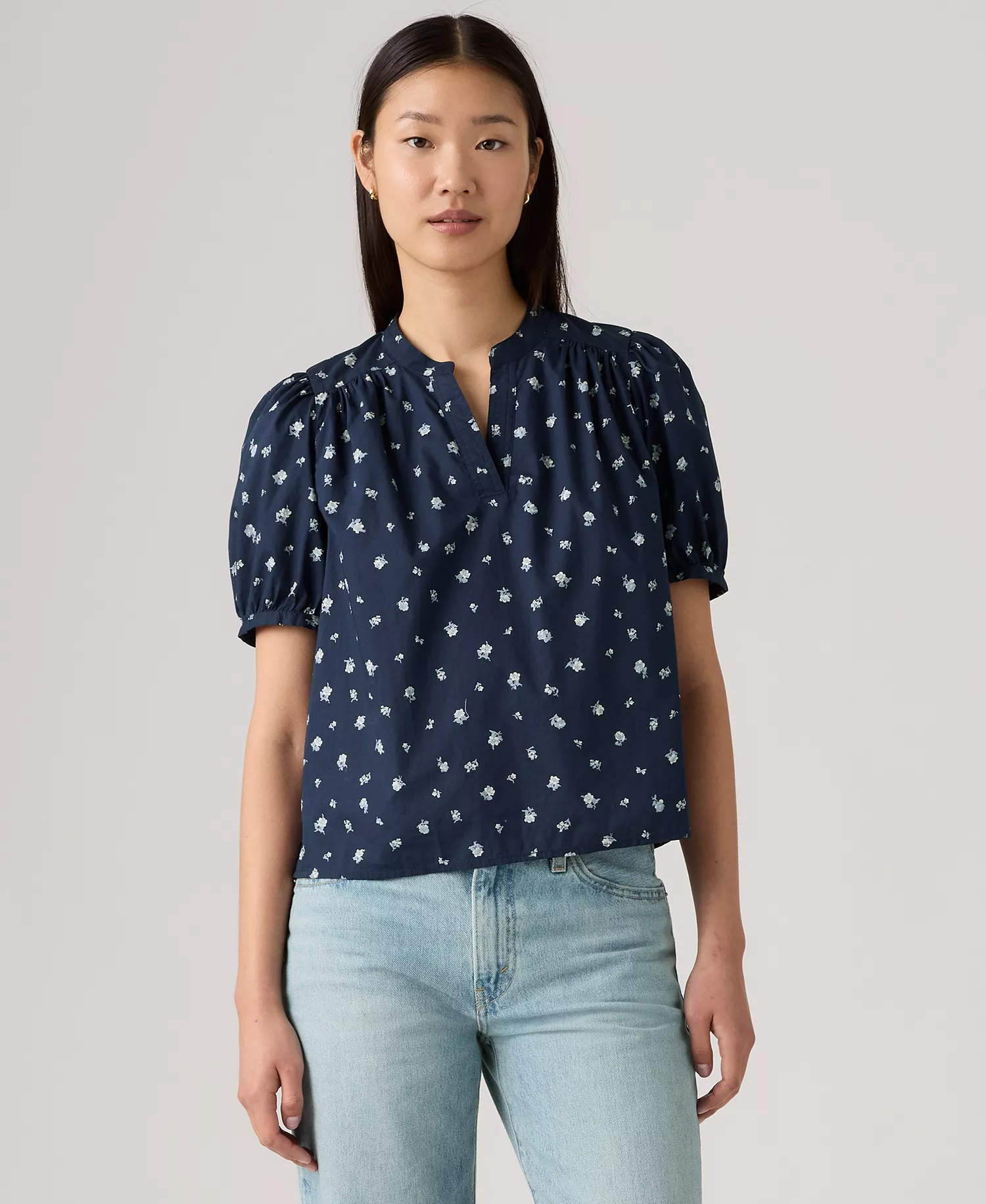 Women's Amelie Cotton Poplin Blouse - Deirdre Ditsy Floral V3 Peacoat - XL