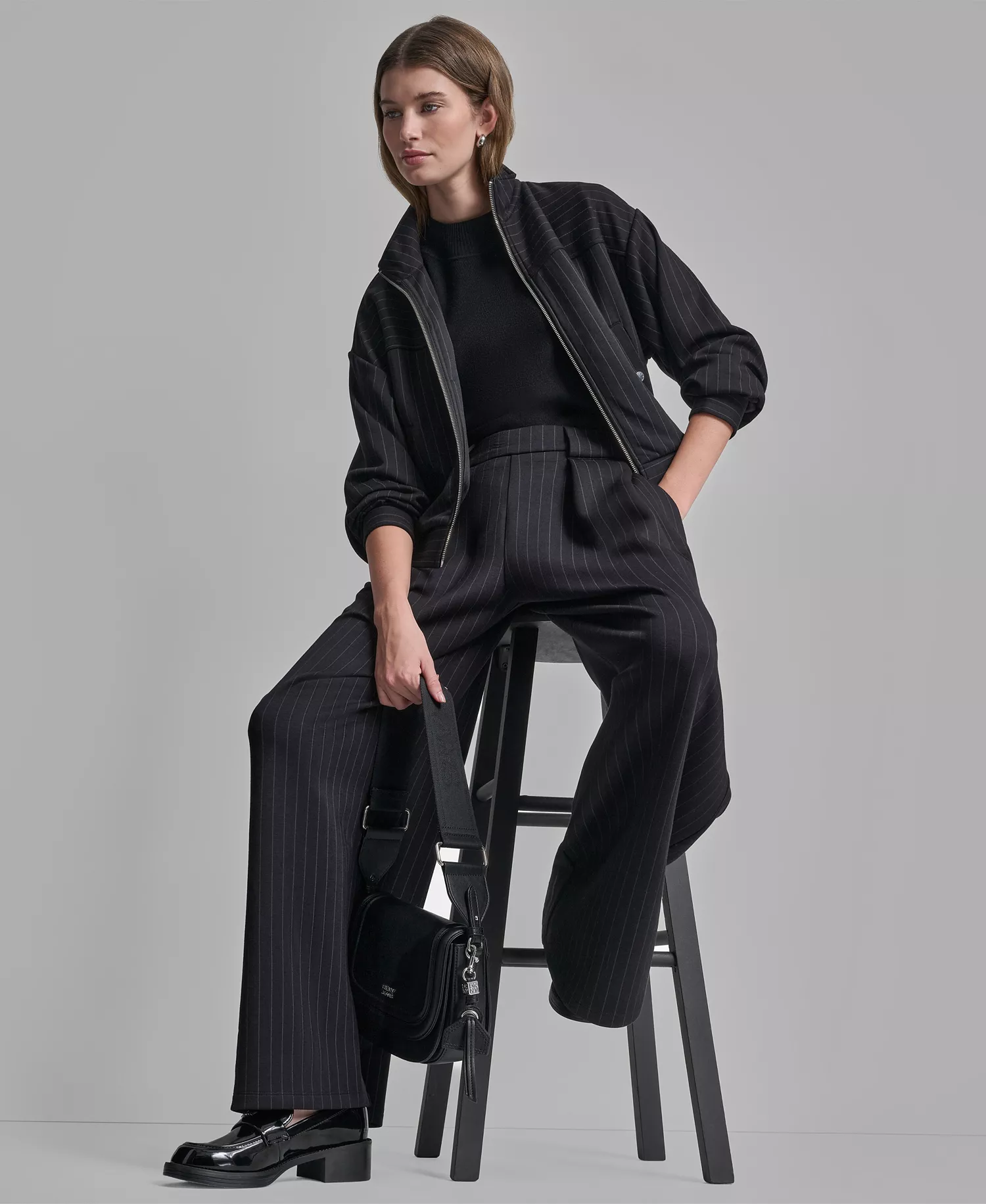 Women's Full-Zip Pinstripe Track Jacket and Straight-Leg Pleated Pinstripe Pants - Black Pinstripe - L