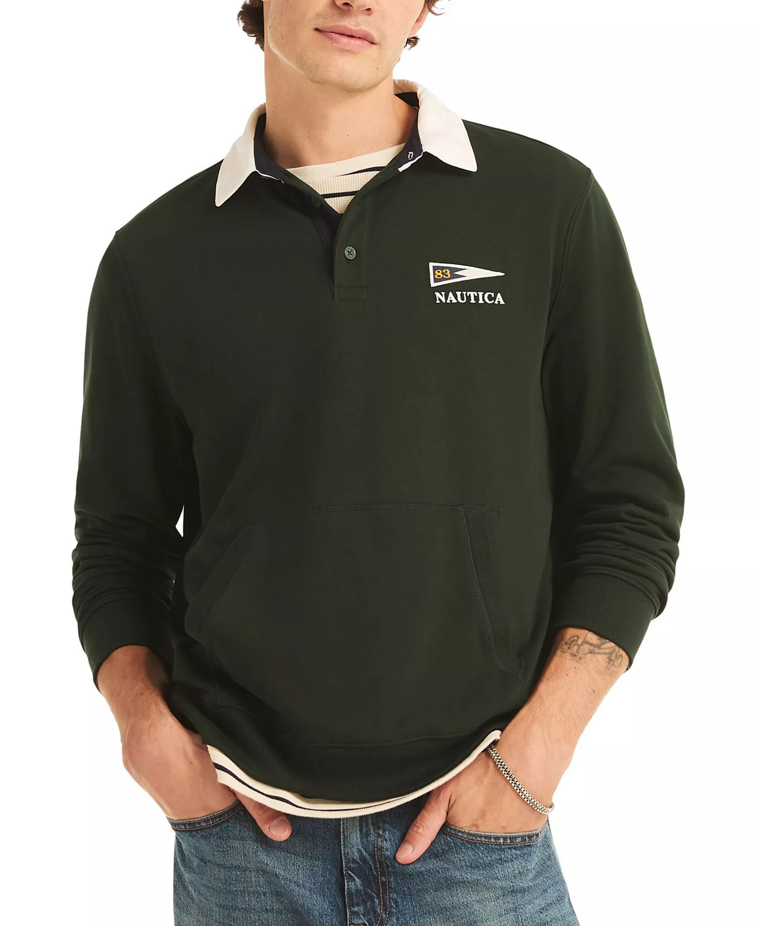 Men's Regular-Fit Kangaroo Pocket Polo Sweatshirt - Kelp Seas - 2XL