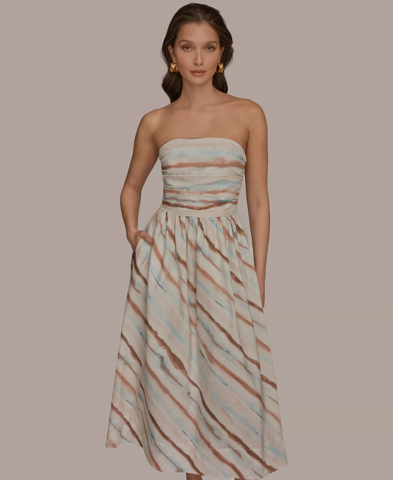 Women's Strapless Midi Dress - Watercolor Stripe Print - 10