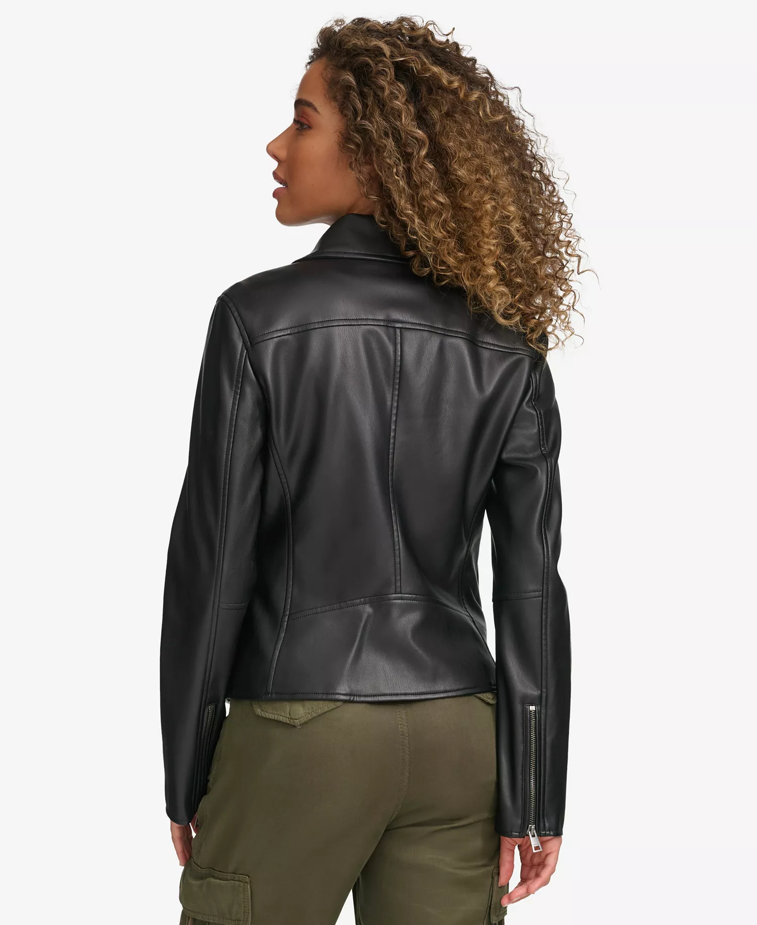 Women's Faux Leather Laydown Collar Jacket - Black - L