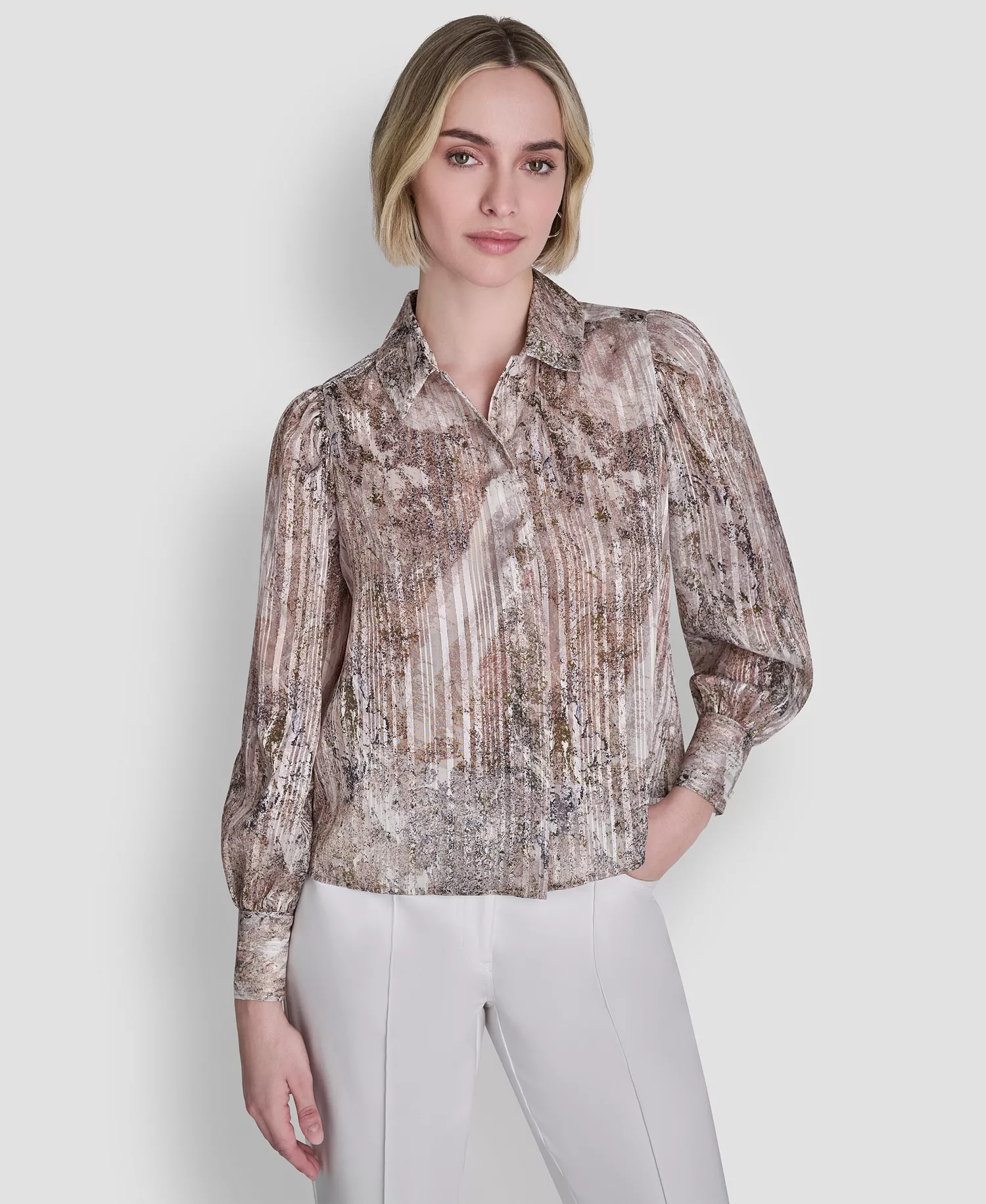 Petite Printed Long-Sleeve Top - Coconut/Travertine - P/L