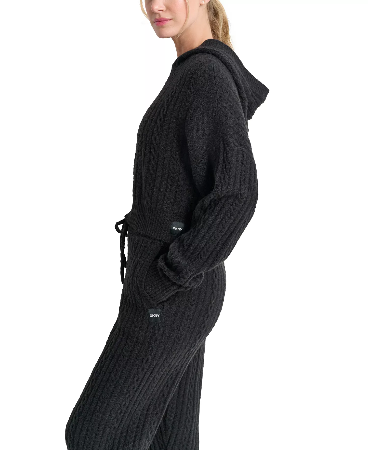 Women's Cable-Knit Pullover Hooded Sweater - Black - L