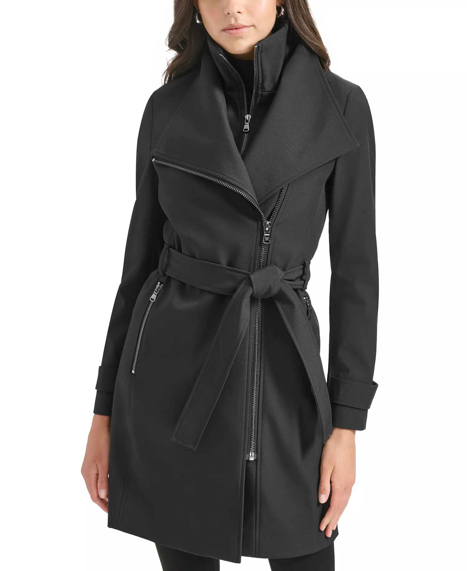 Women's Belted Wrap Coat - Black - L
