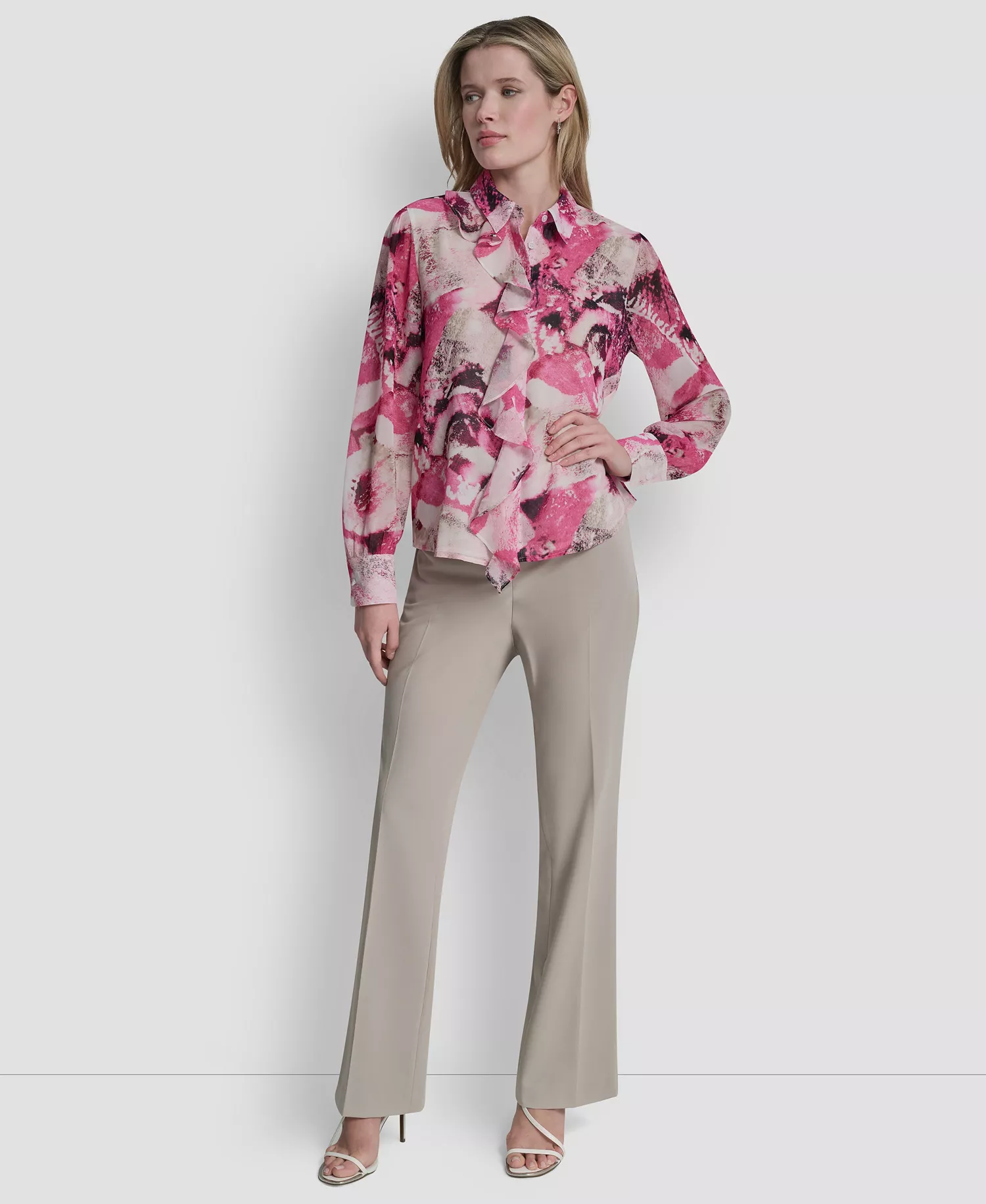 Women's Collared Long-Sleeve Ruffle Detail Shirt - Hot Pink/Pebble Multi - L