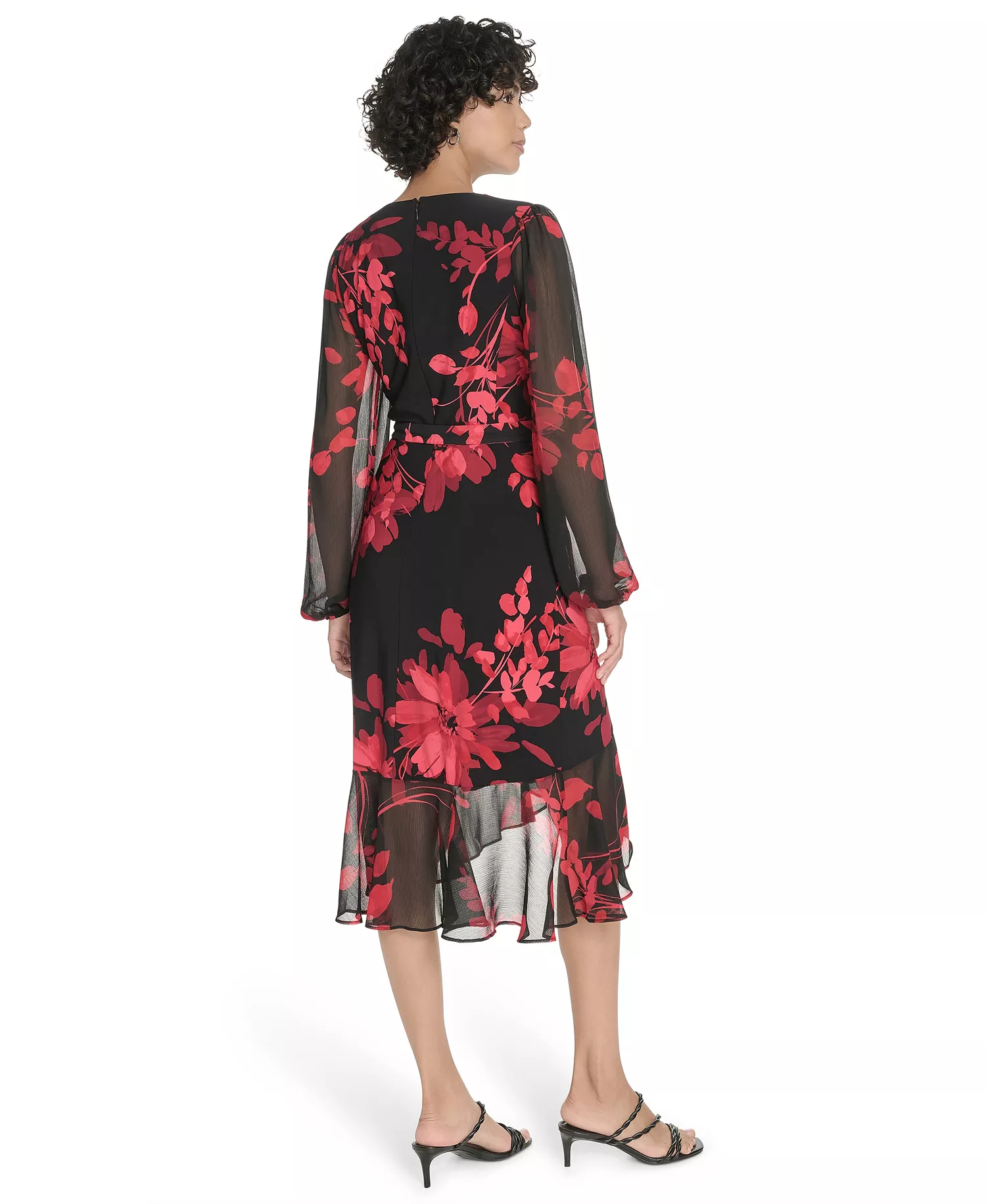 Petite Long-Sleeve Chiffon Combo Midi Dress - Deep Scarlet Multi - 0P