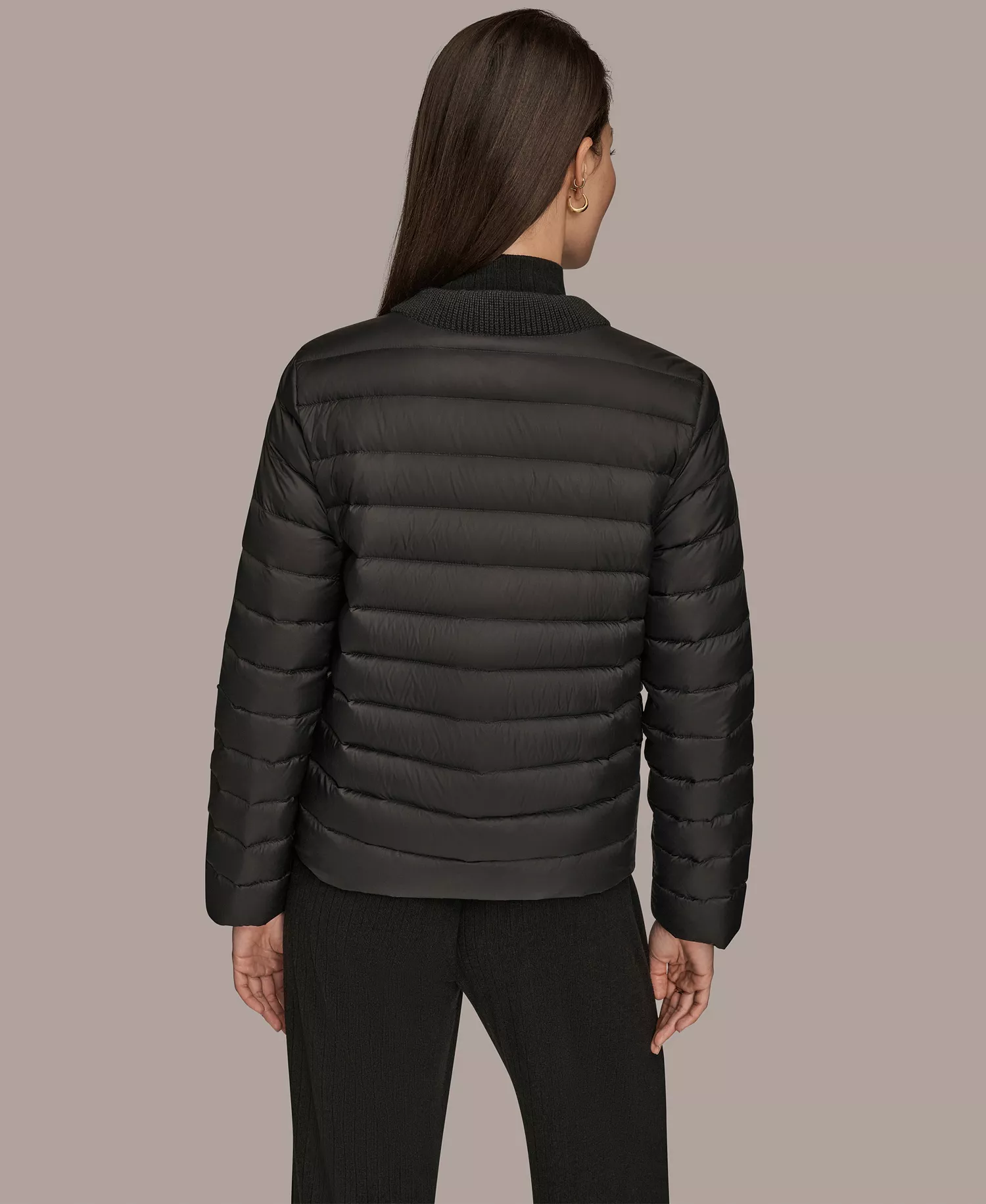 Women's Down Fill Packable Puffer Jacket with Sweater Trim Collar - Black - L