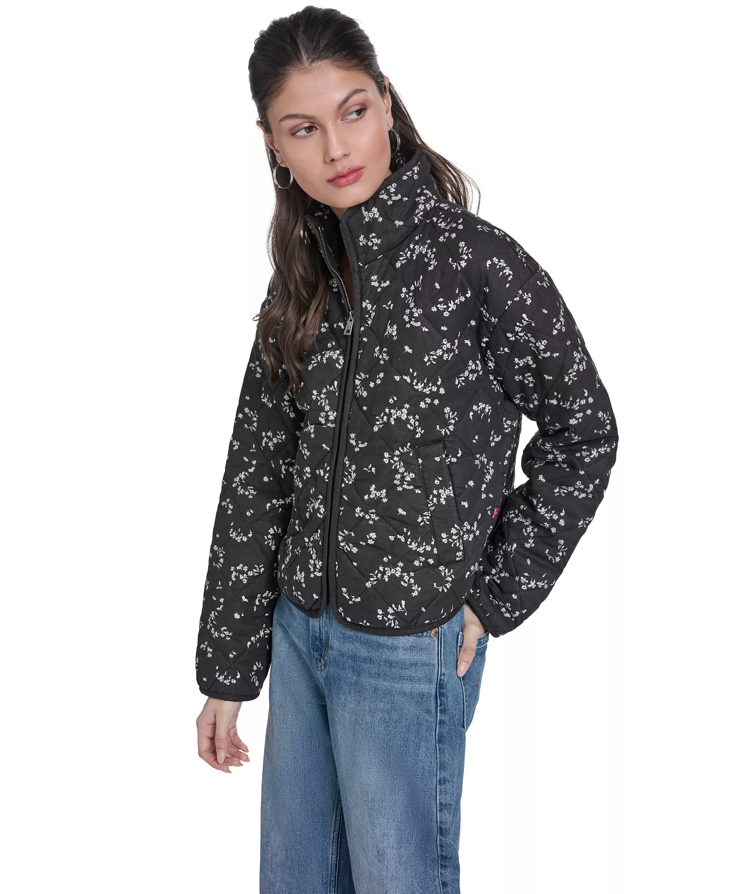Women's Quilted Short Liner Zipper Jacket - Black / White Floral - L