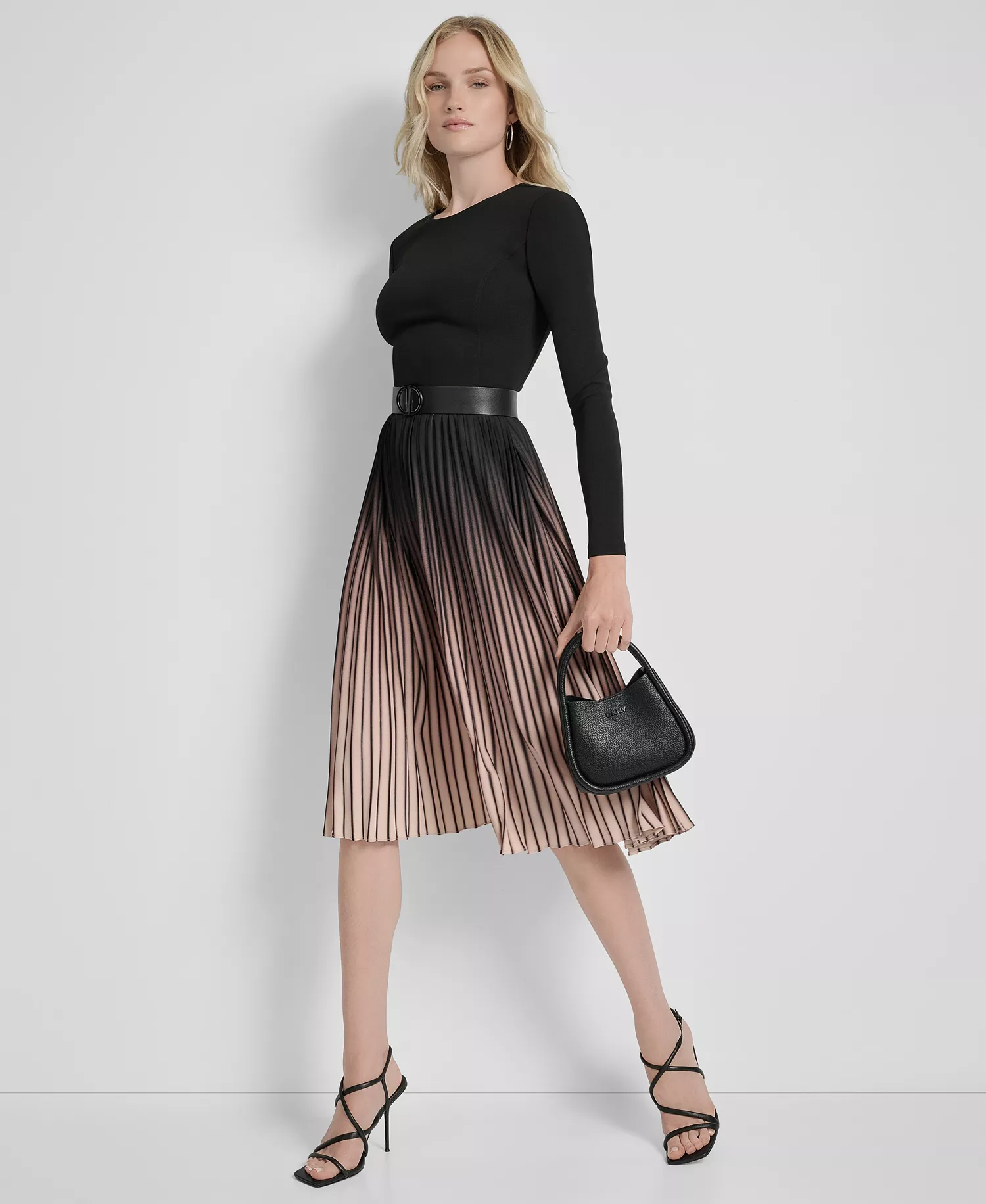 Women's Ombré Sunburst Pleat-Skirt Long-Sleeve Midi Dress - Black/Beige - 10