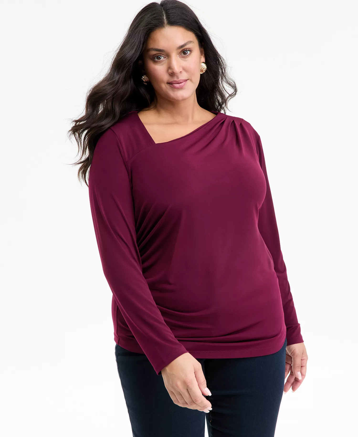 Plus Size Asymmetric-Neck Long-Sleeve Top, Macy's Exclusive  - Berried Treasur - 0X