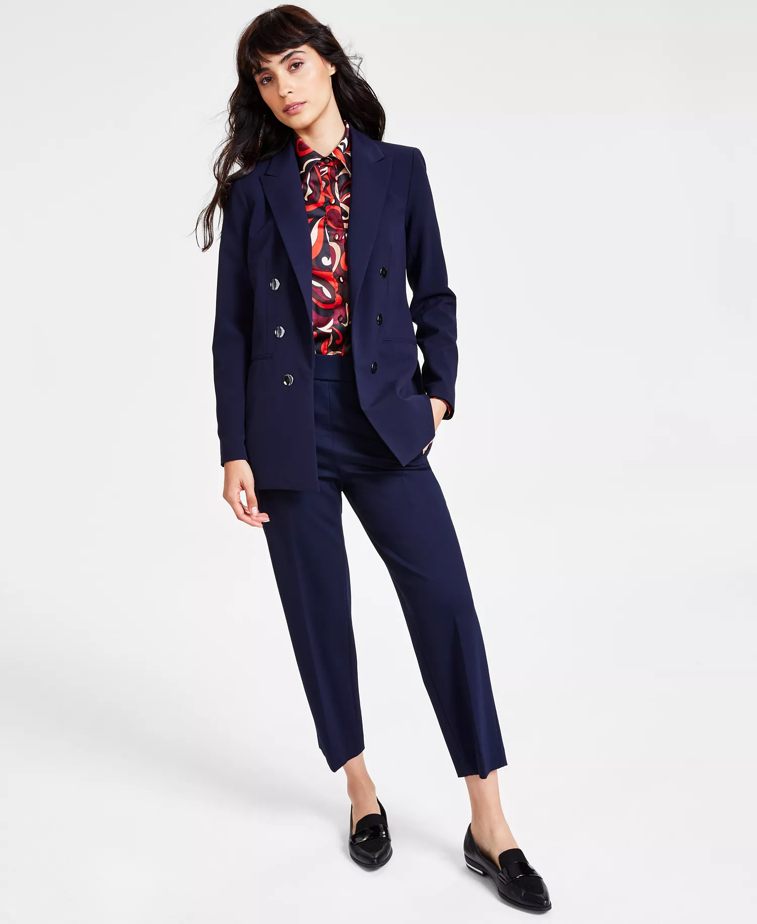 Women's Bi-Stretch Faux Double-Breasted Boyfriend Jacket, Created for Macy's - Bar Navy - L