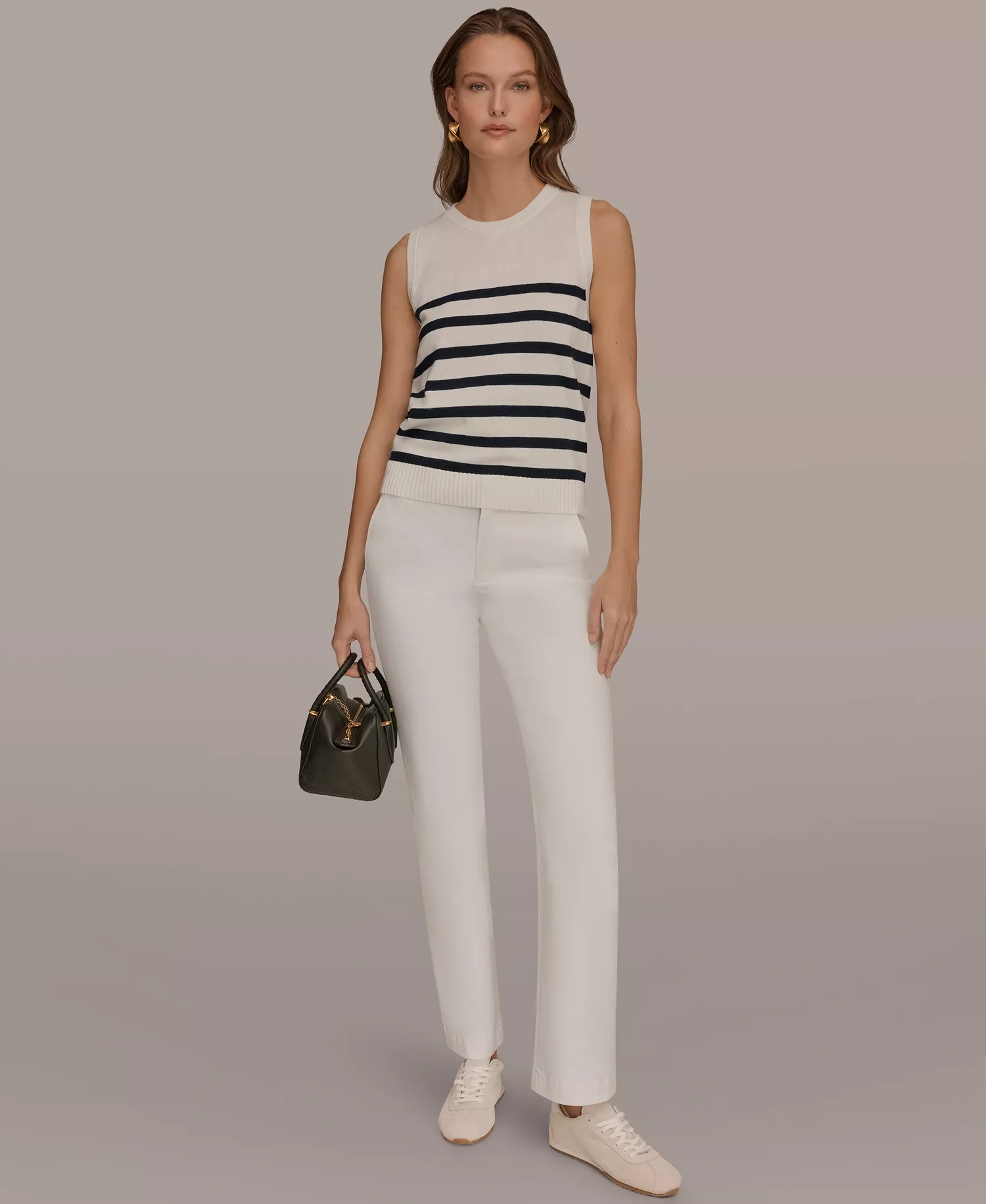 Women's Cotton Cashmere Striped Sleeveless Sweater - Cream/nightfall - L