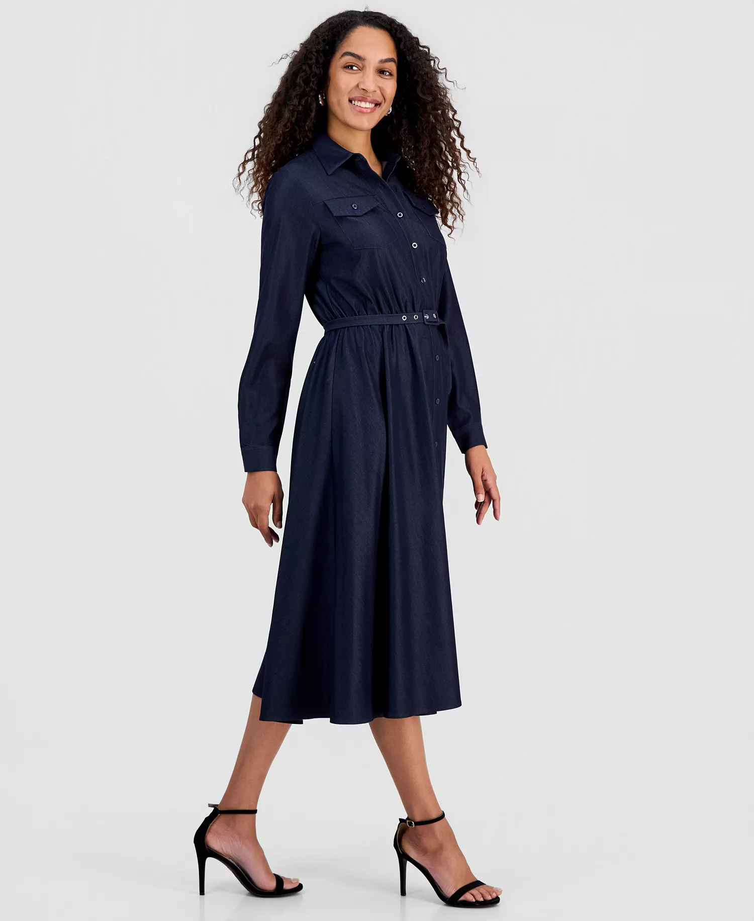 Women's Belted Button Long-Sleeve Fit & Flare Dress - Denim - 10