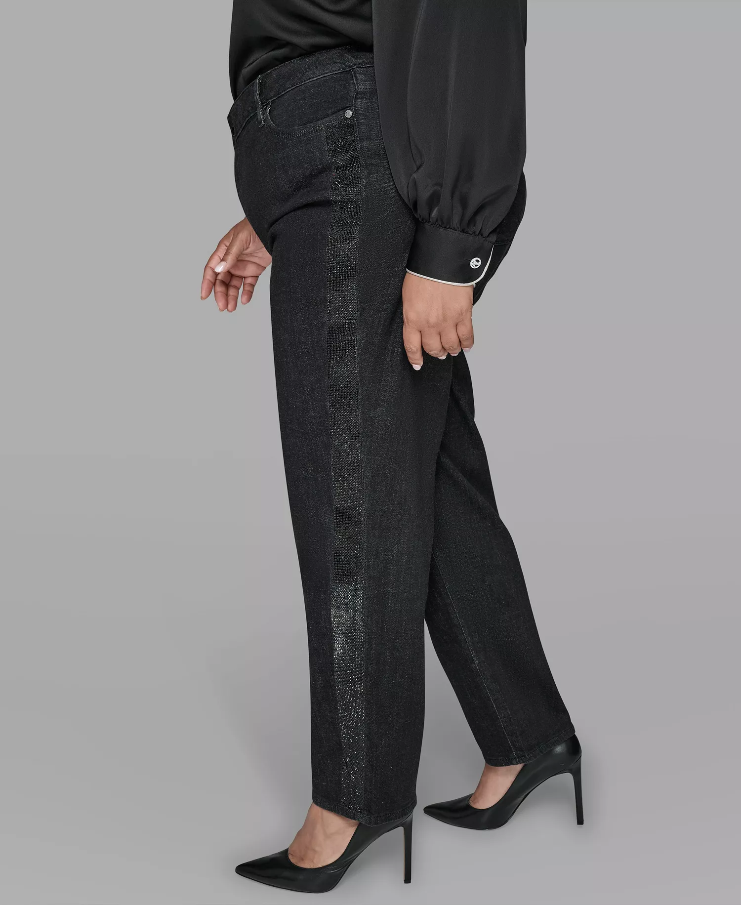KARL LAGERFIELD PARIS Plus Size Rhinestone Trim High Rise Denim Pants - Black - 14W