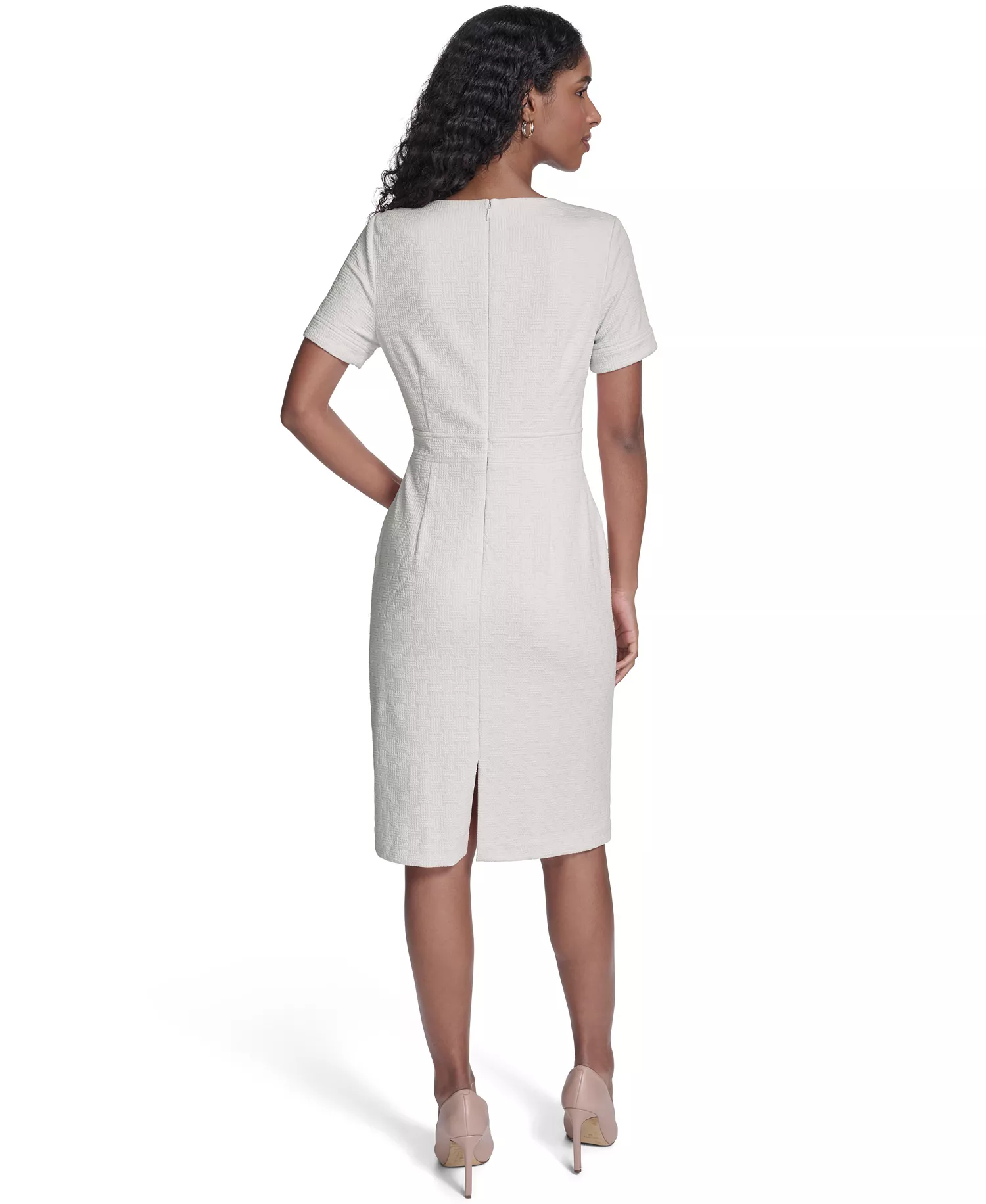Women's Short-Sleeve Wicker Weave Shift Dress - Ivory - 10