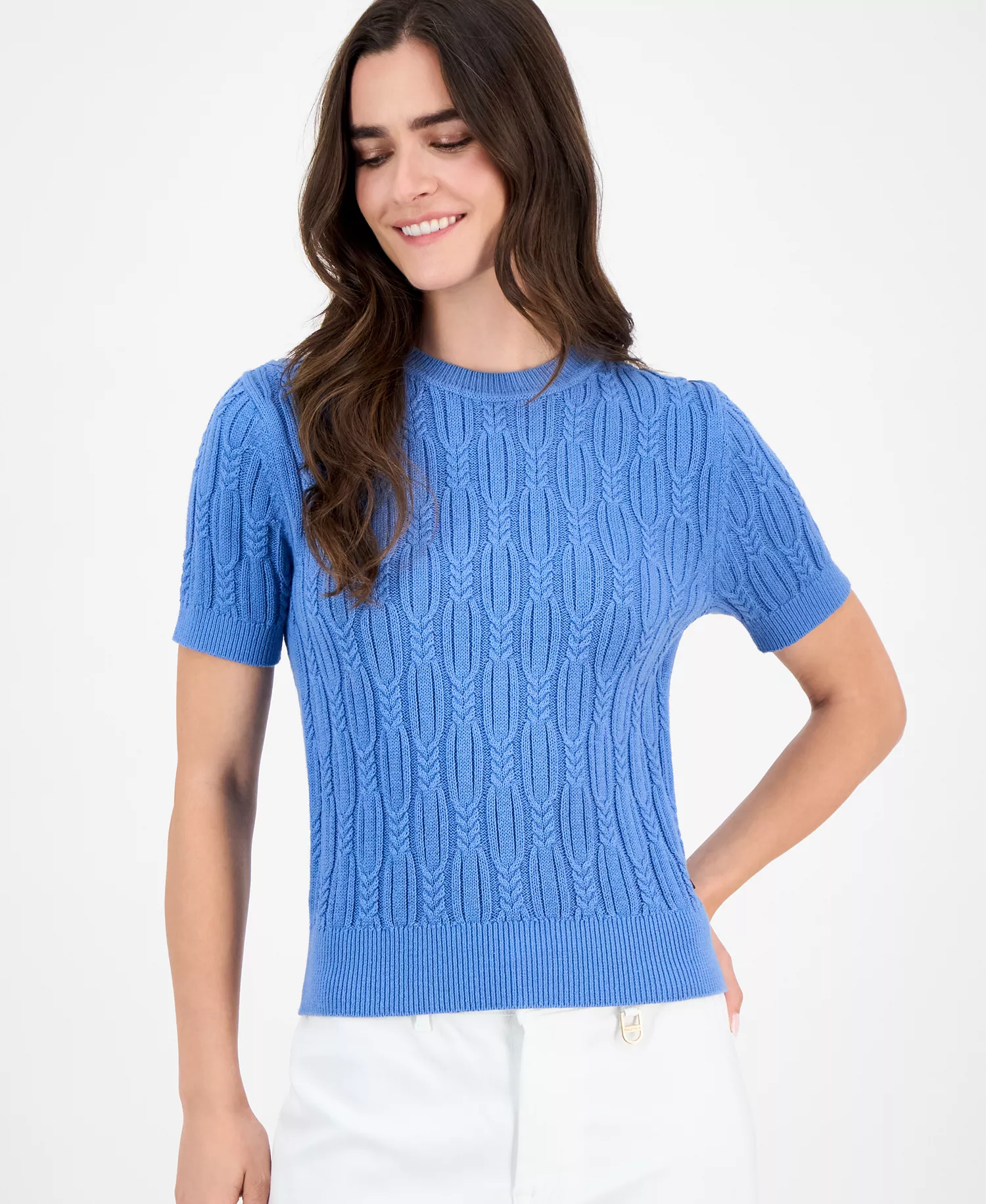 Nautica Women's Cotton Cable-Knit Sweater - Blue Haze - L