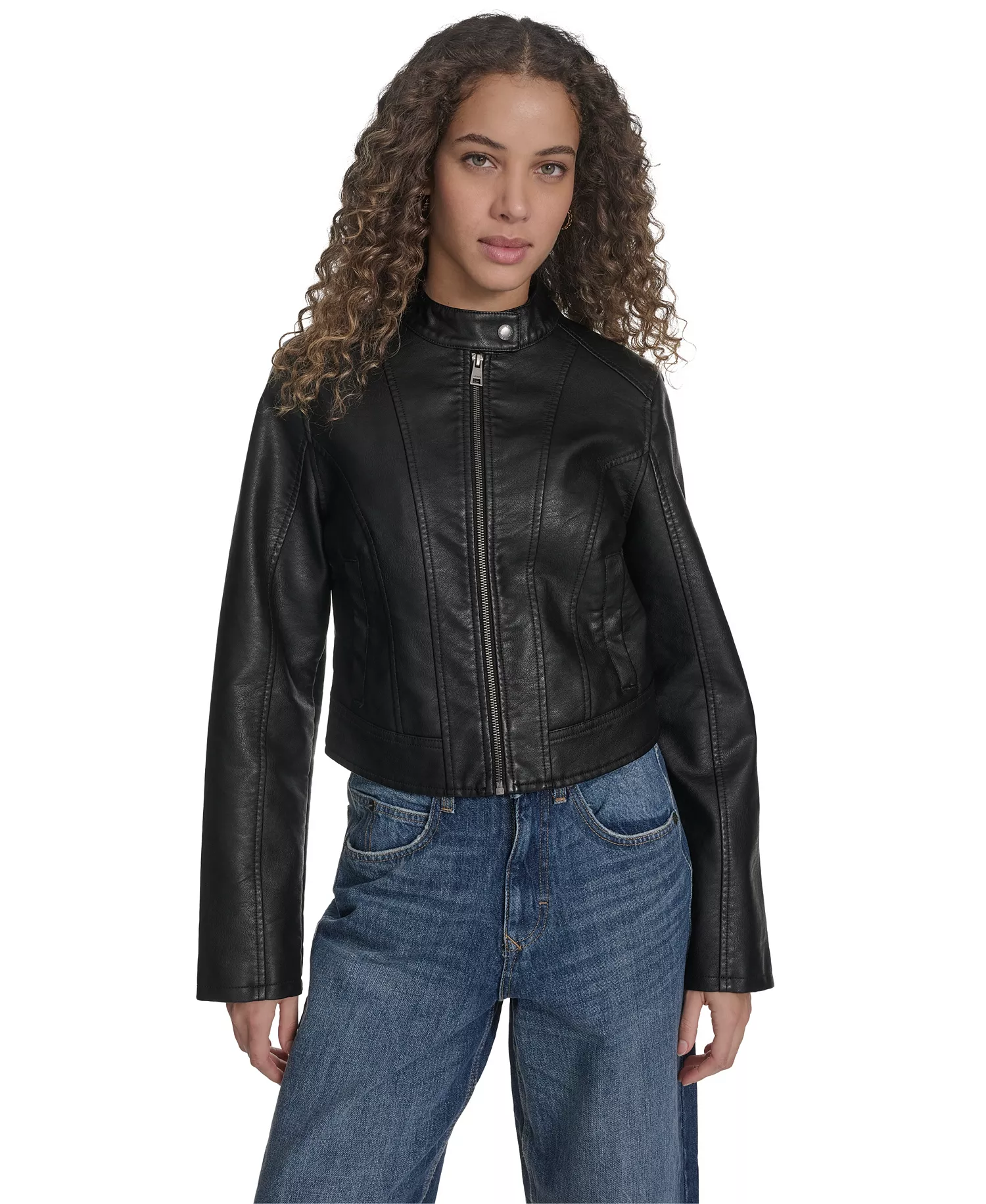 Women's Faux Leather Racer Jacket - Black - L
