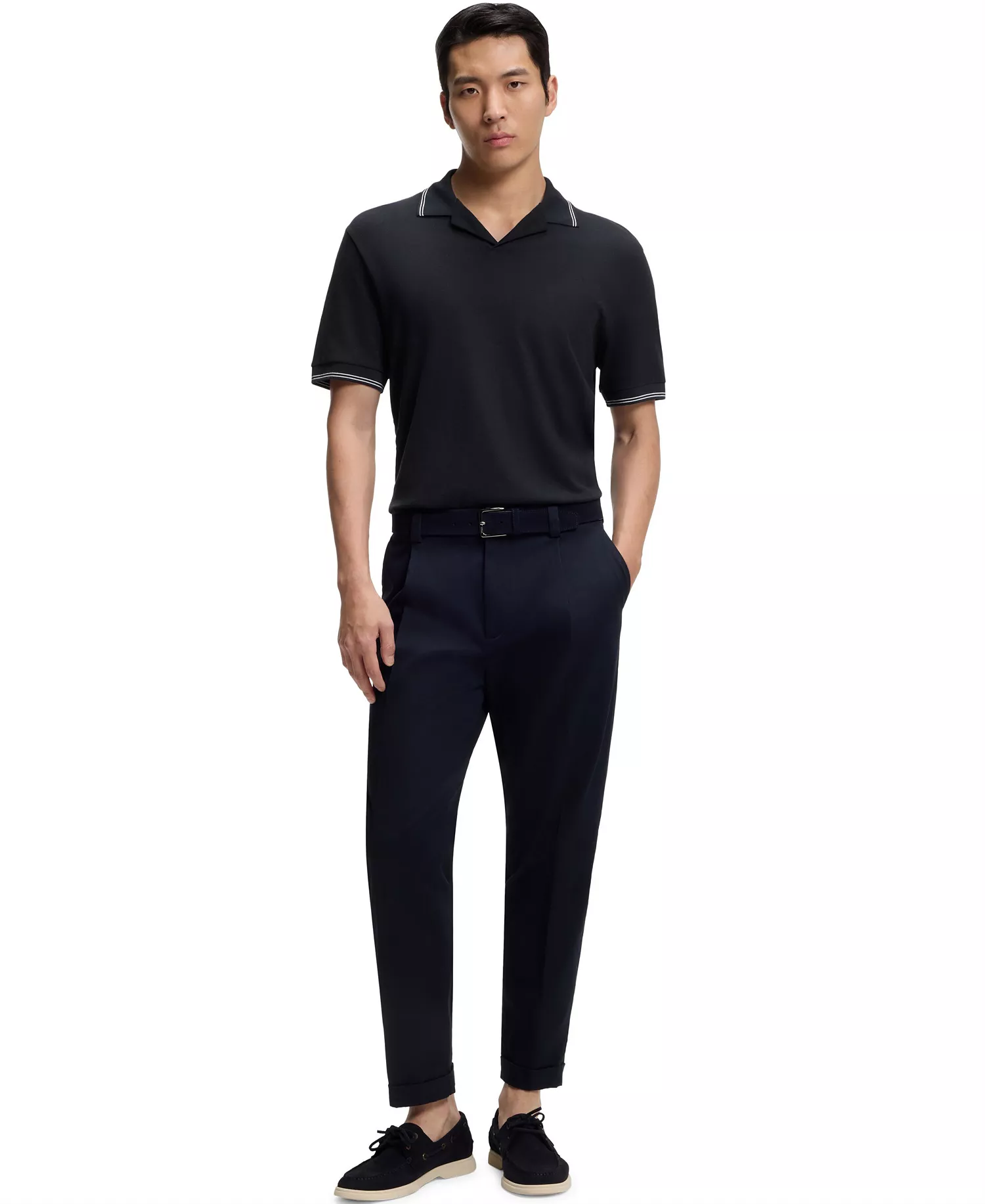 Men's Cotton-Linen Johnny Collar Polo Shirt - Dark Blue - L