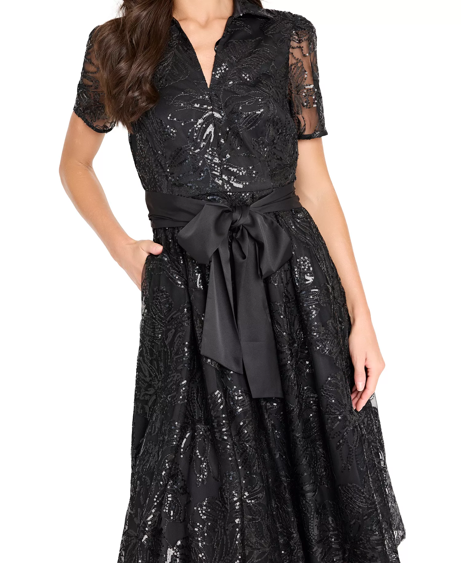 Women's Collared V-Neck Sequin Dress - Black - 10