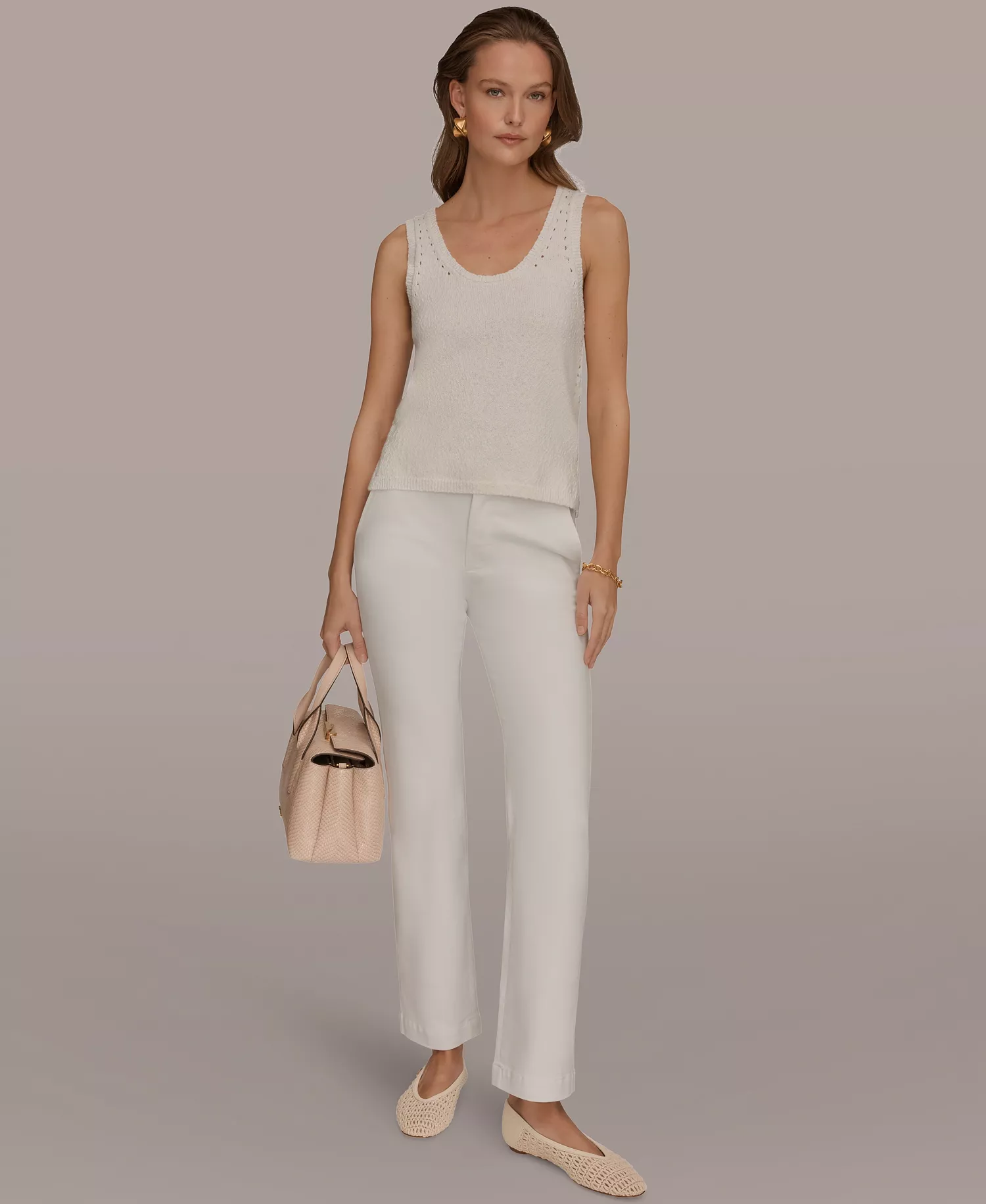 Women's Scoop Neck Pointelle Stitched Tank - Cream - L