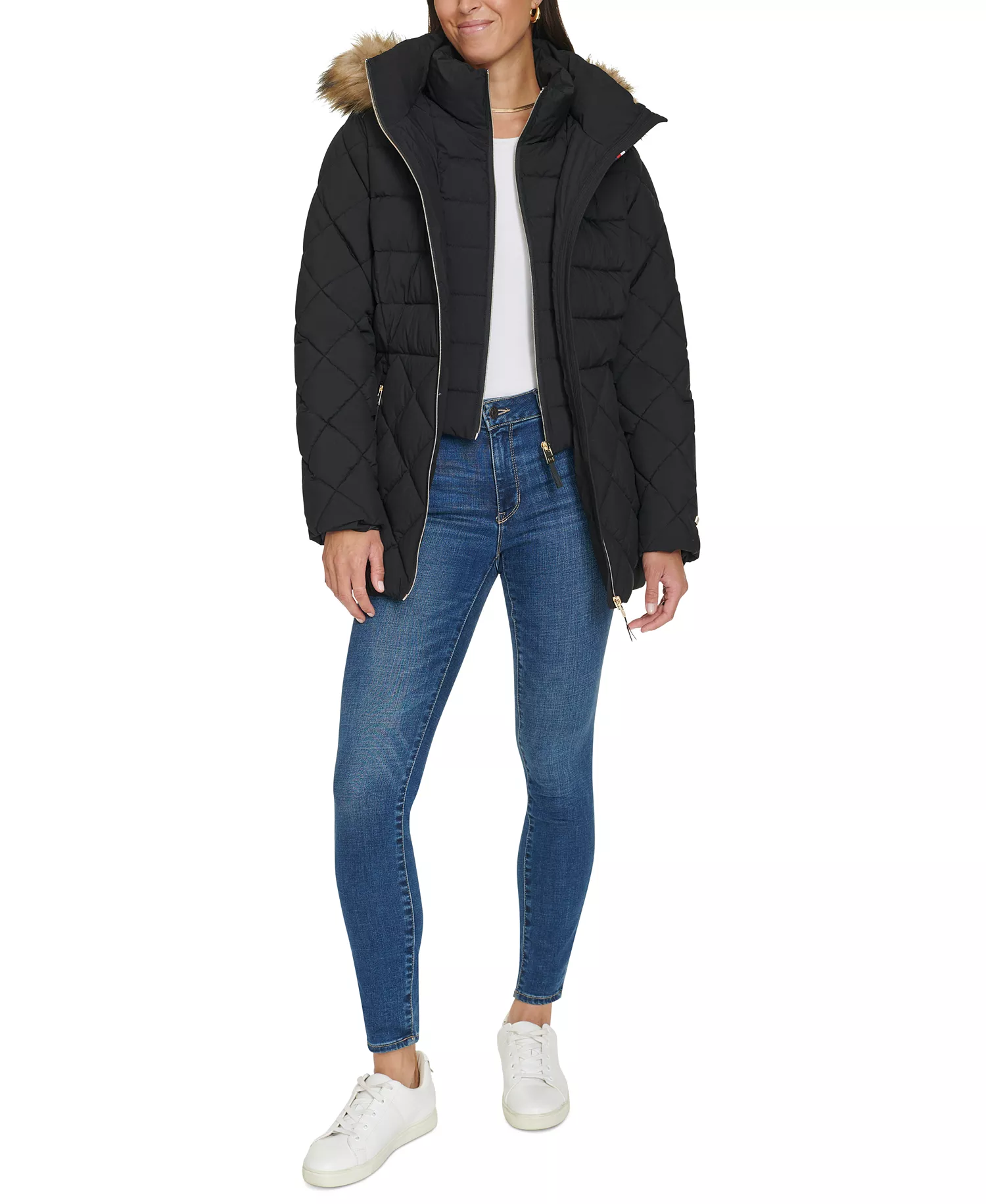 Women's Bibbed Faux-Fur-Trim Hooded Puffer Coat, Created for Macy's - Black - L