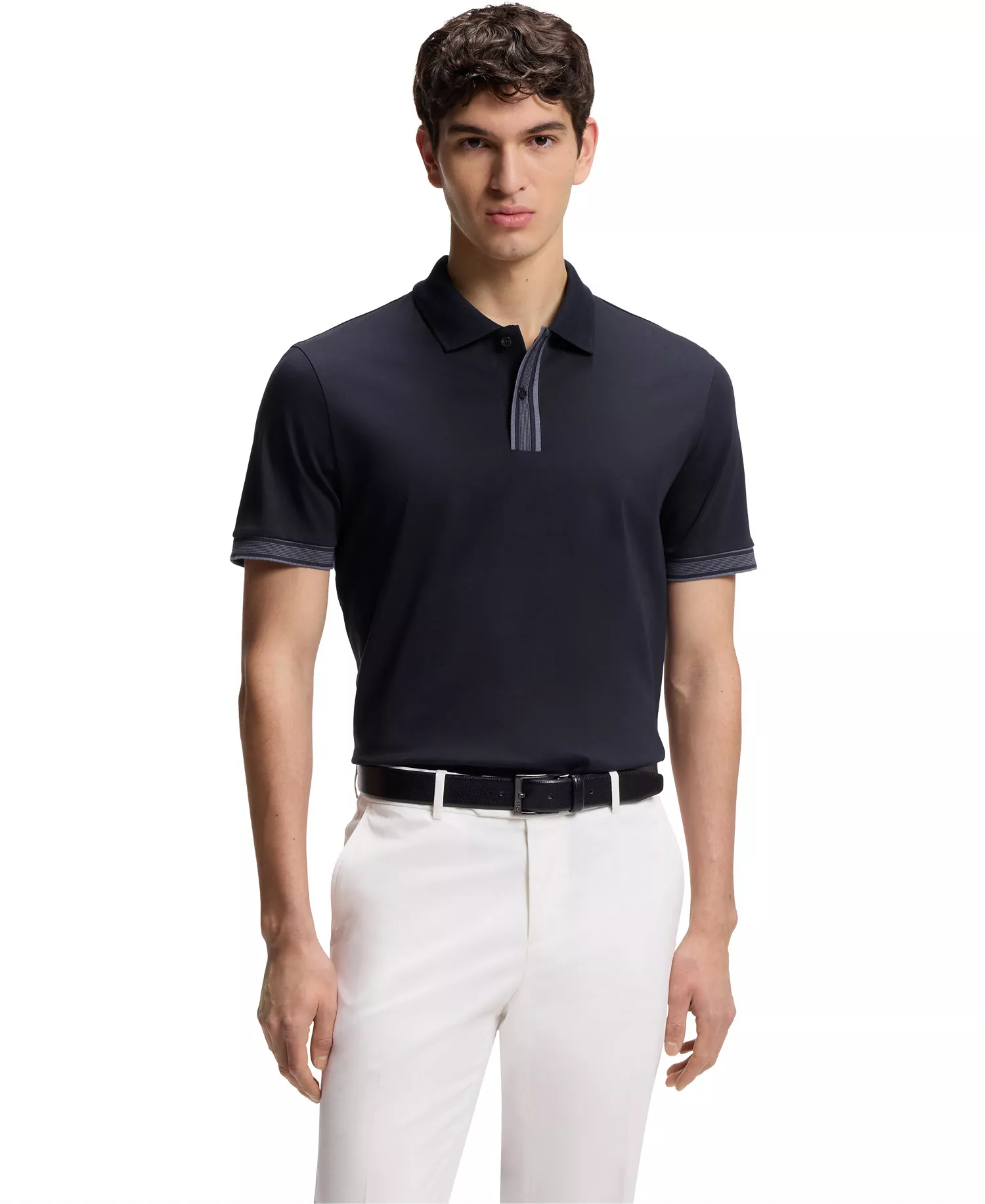 Men's Mercerized-Cotton Striped Trim Polo Shirt - Dark Blue - 2XL