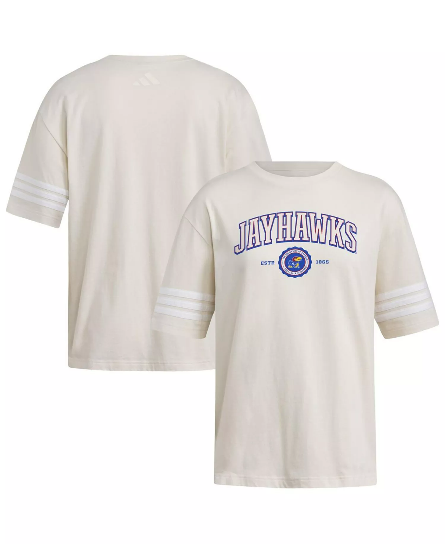 Women's Cream Kansas Jayhawks Fashion Three-Stripes Oversized T-Shirt - Cream - L