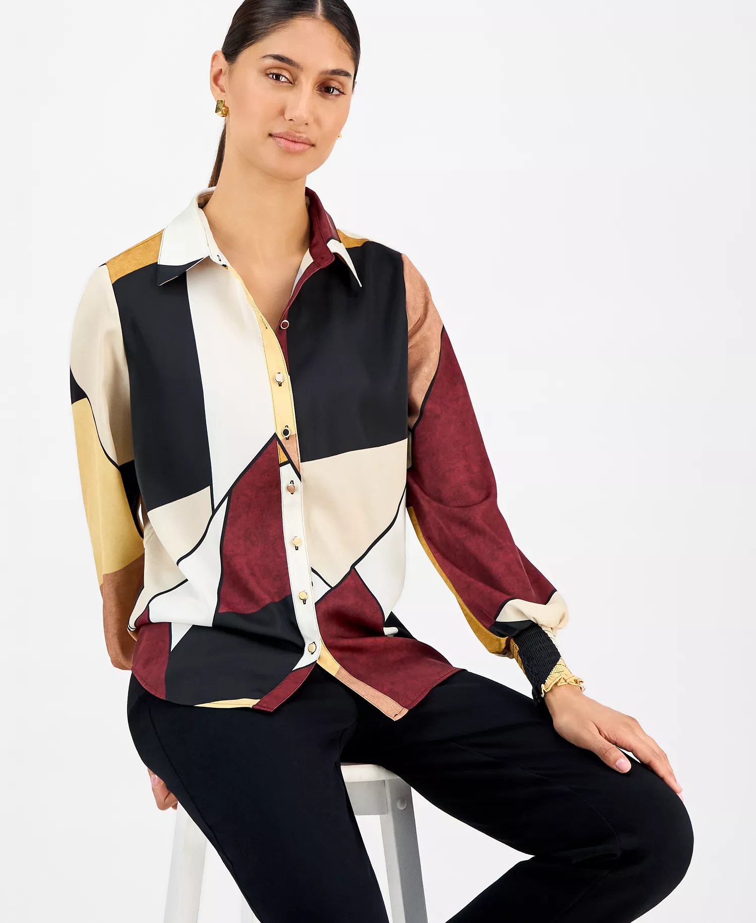 Women's Printed Blouson-Sleeve Shirt - Sueded Blocks - L