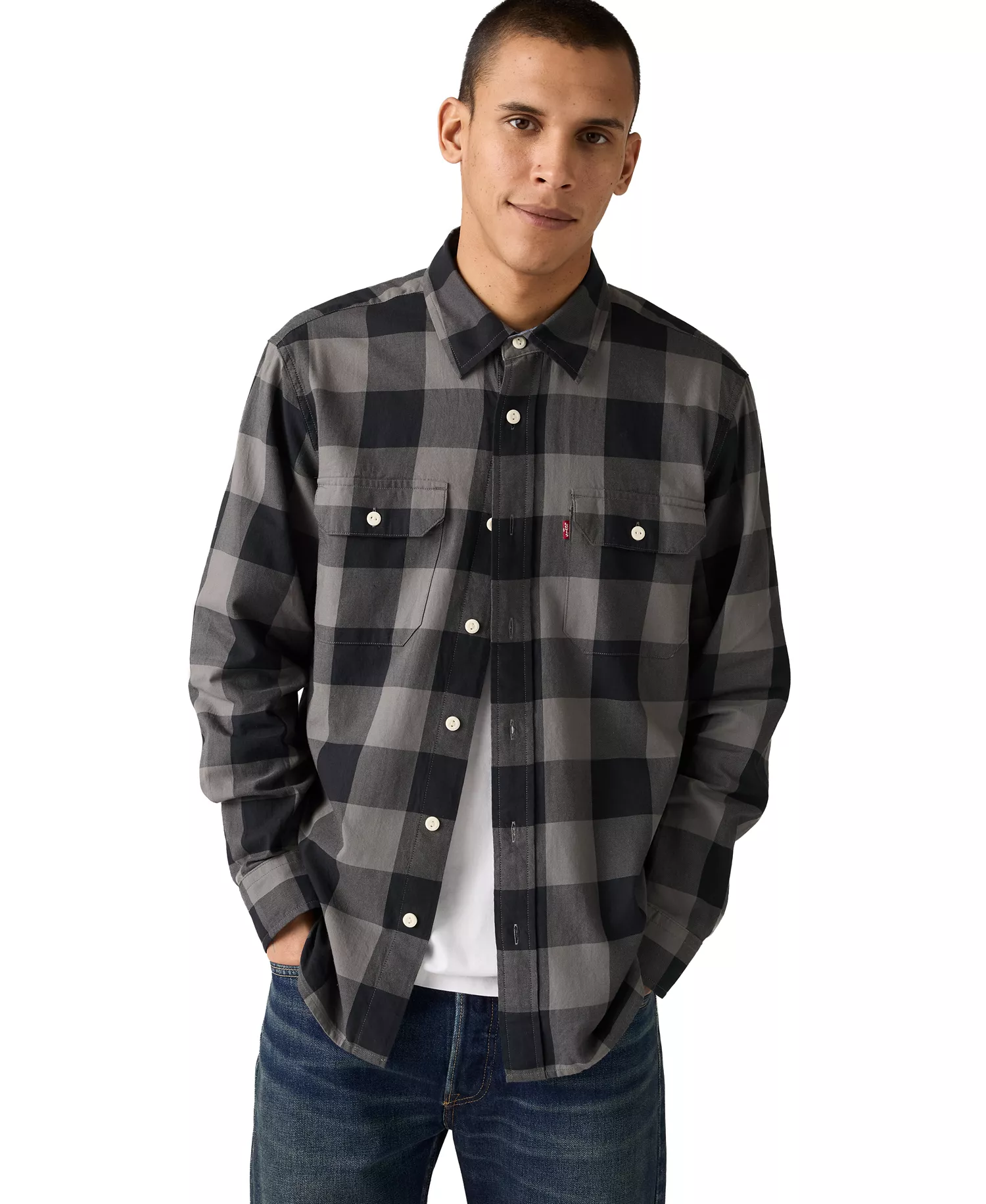 Men's Relaxed-Fit Long-Sleeve Button-Front Worker Shirt - Albany plaid pearl - 2XL