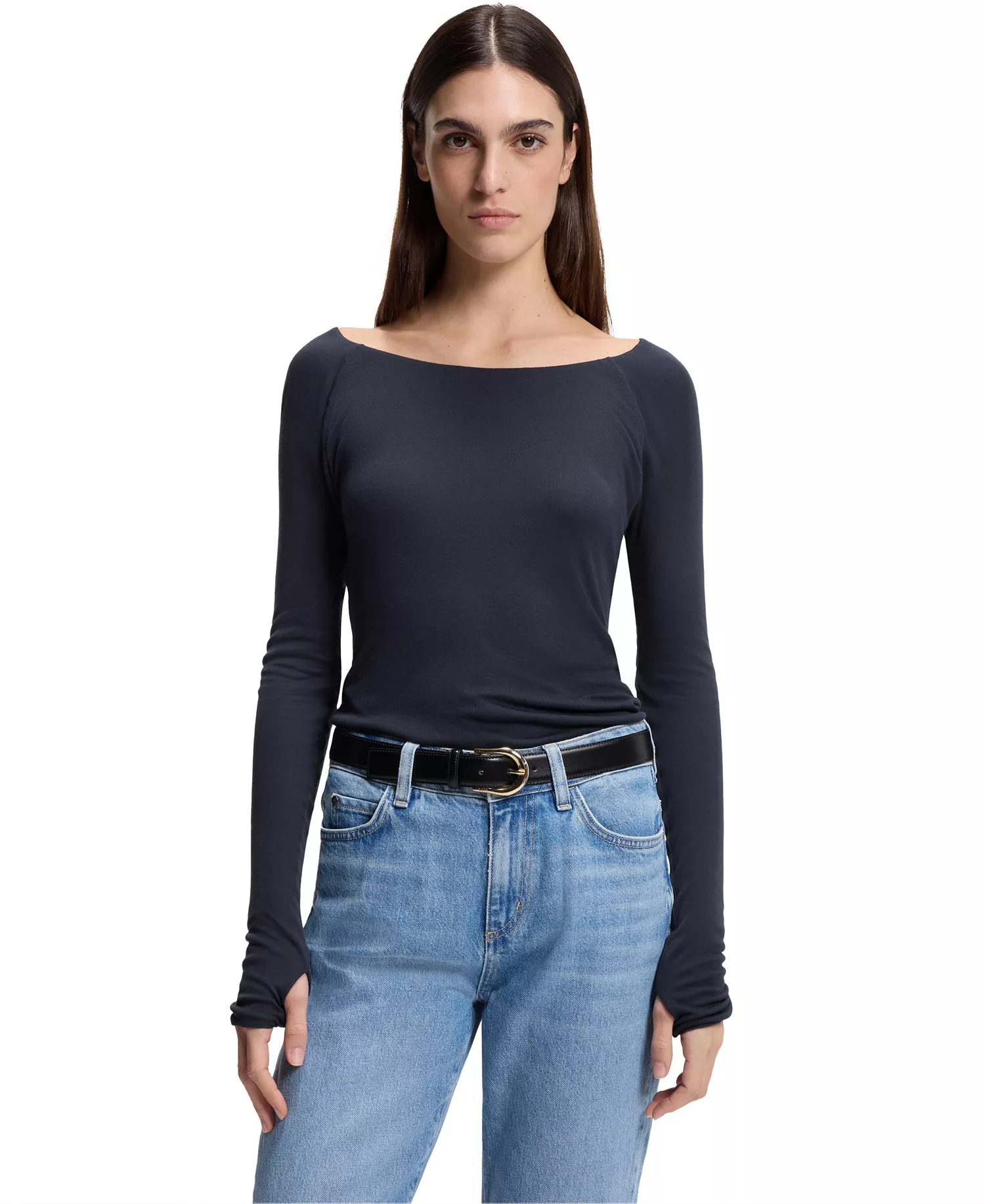 BOSS by Women's Sheer Jersey Double-Layered Jersey Top - Dark Blue - L