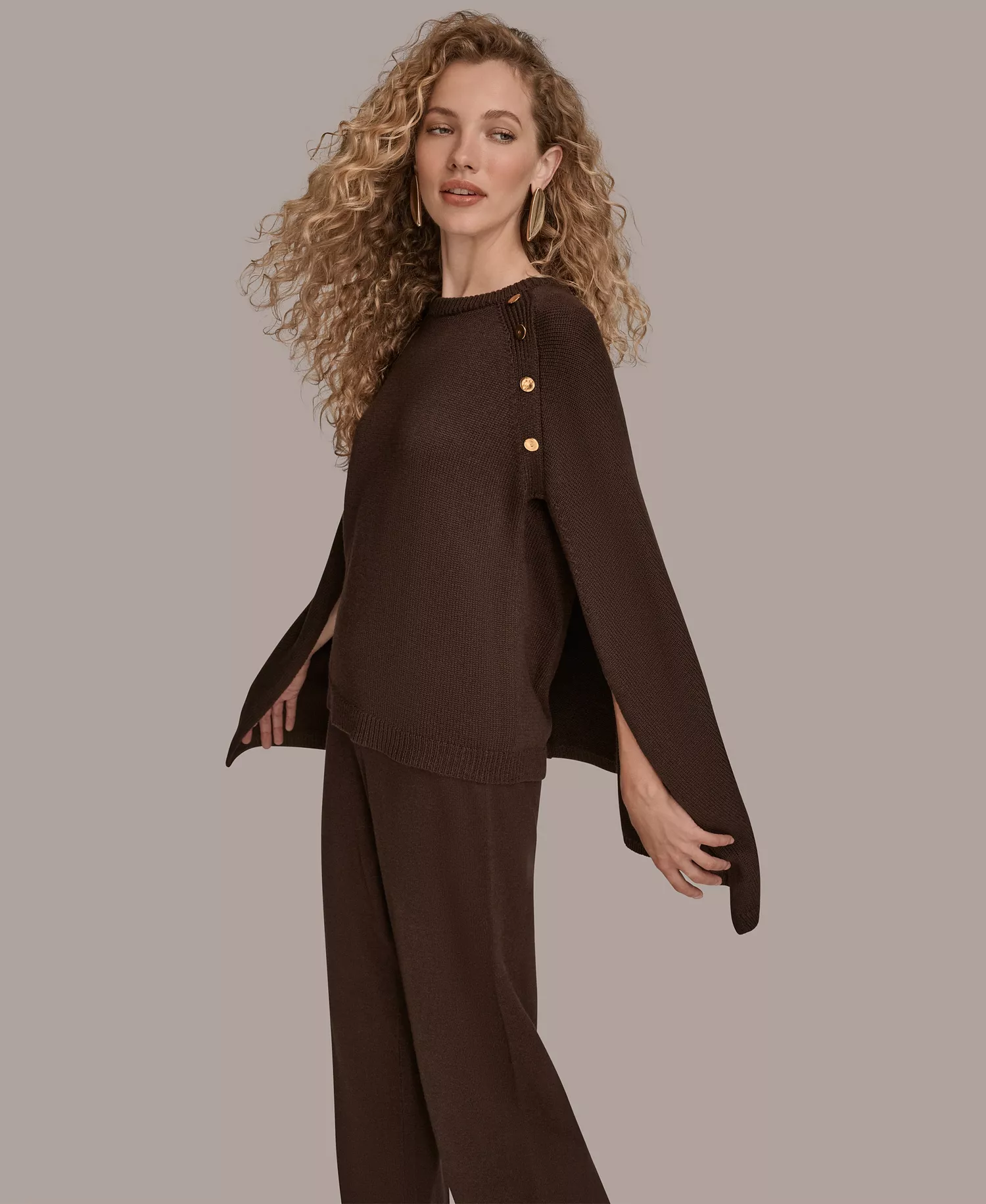 Women's Button Detail Poncho Sweater - Chocolate Plum - XL