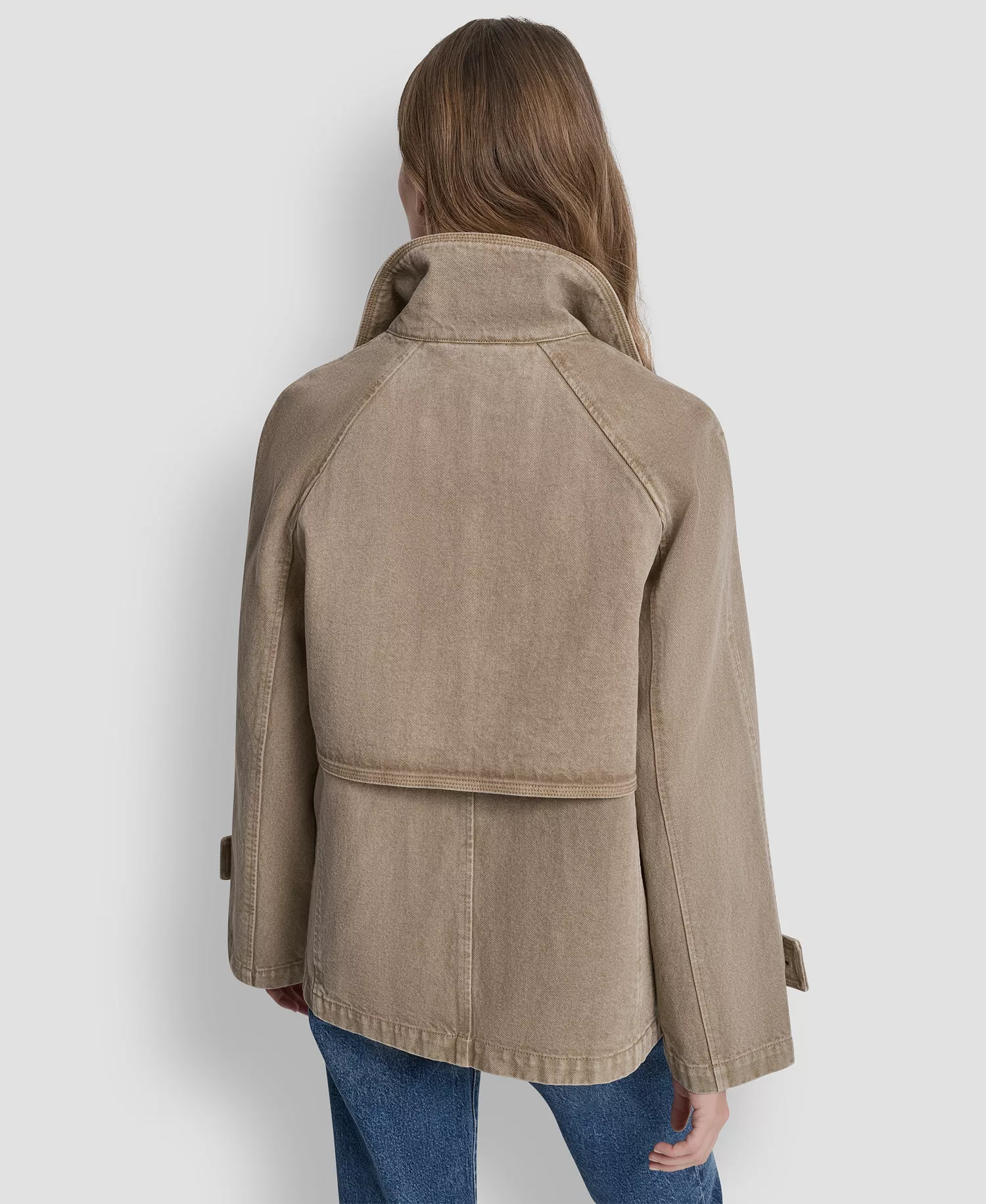 Women's Denim Double Breasted A-Line Coat - Khaki - L