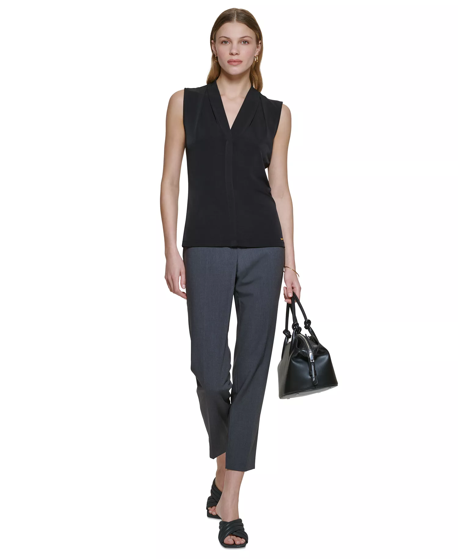 Gathered V-Neck Sleeveless Top - Black - L