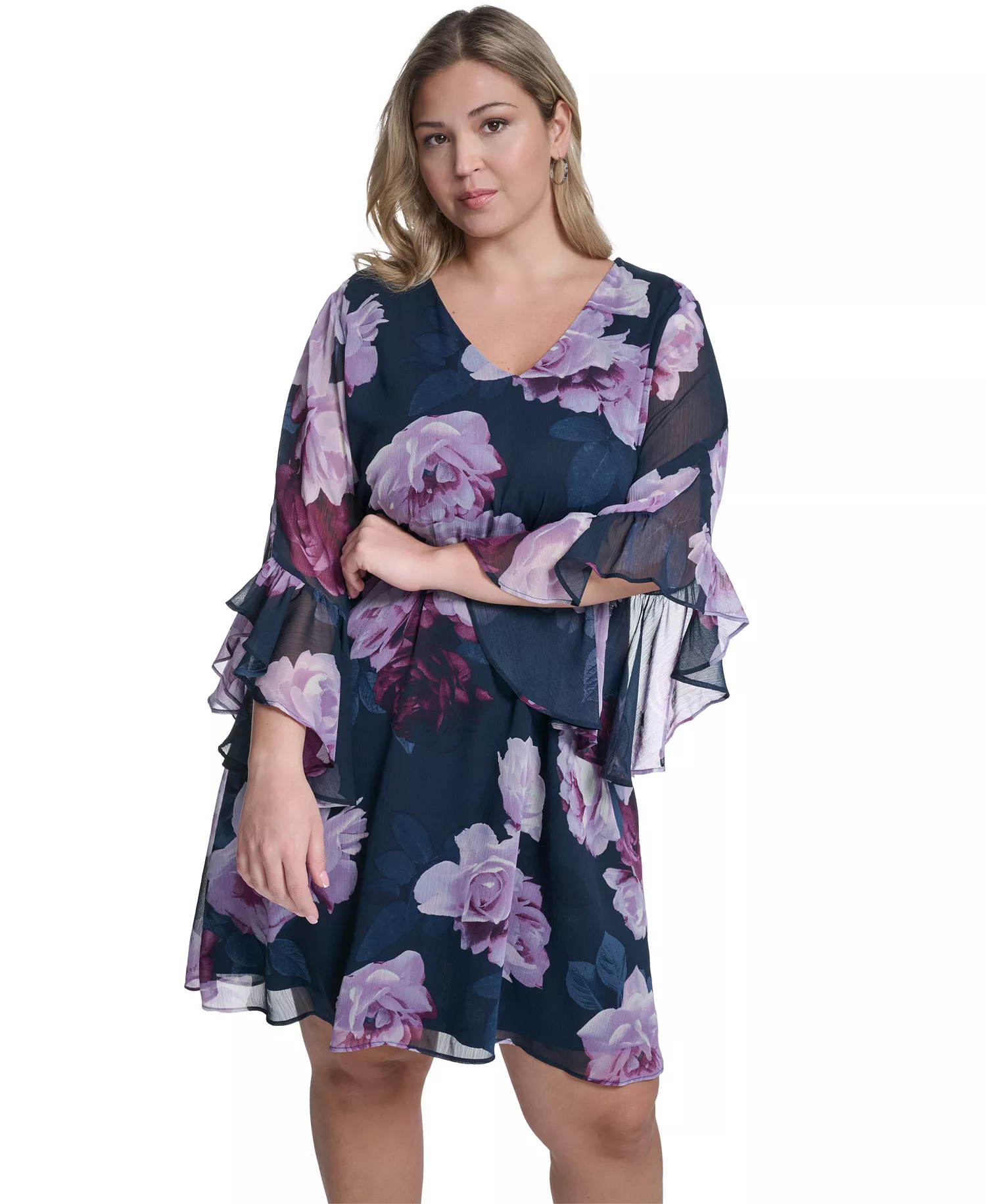 Plus Size Printed V-Neck Dress - Indigo - 14W