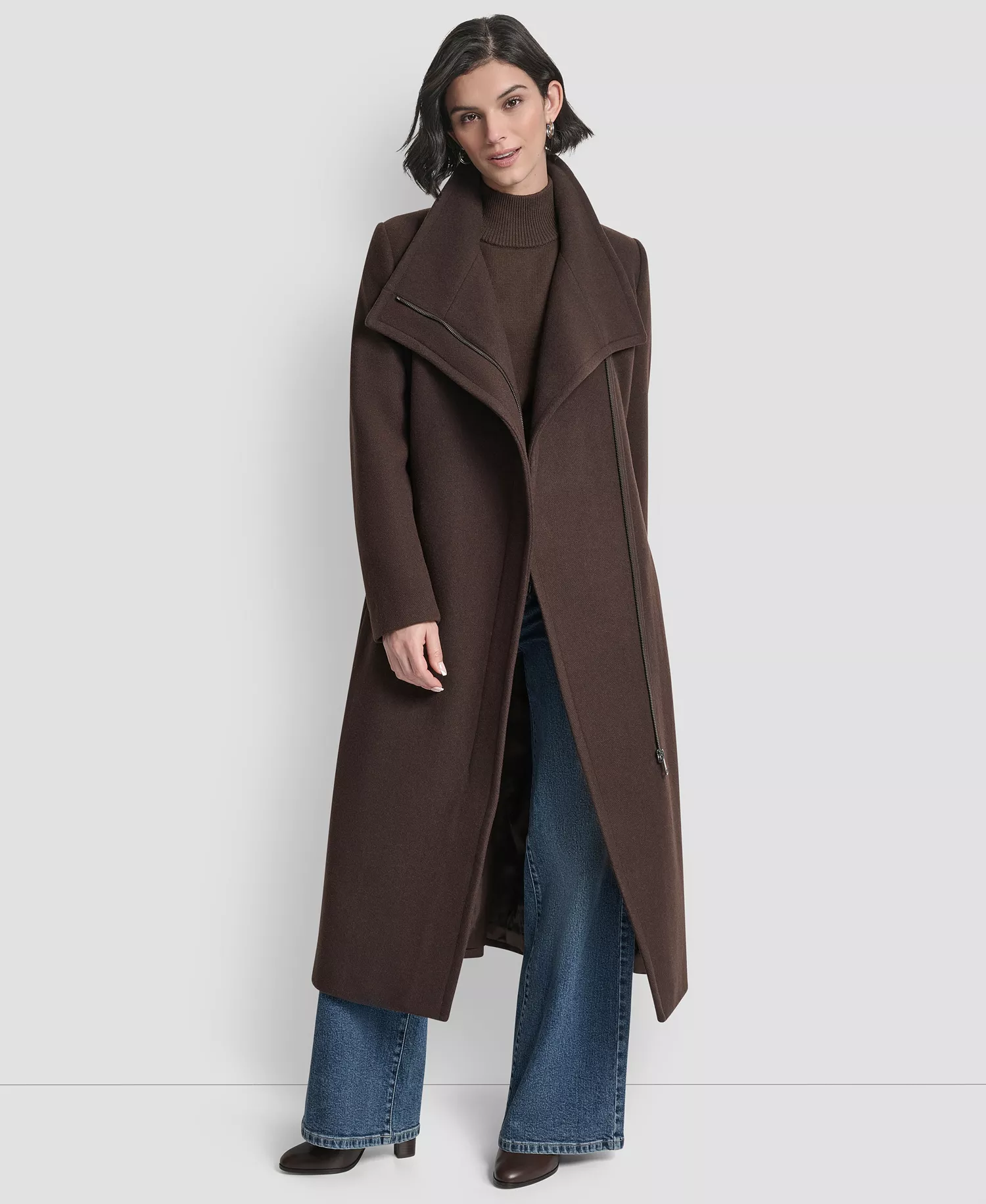 Women's Wing Collar Asymmetrical Wrap Coat - Bitter - L