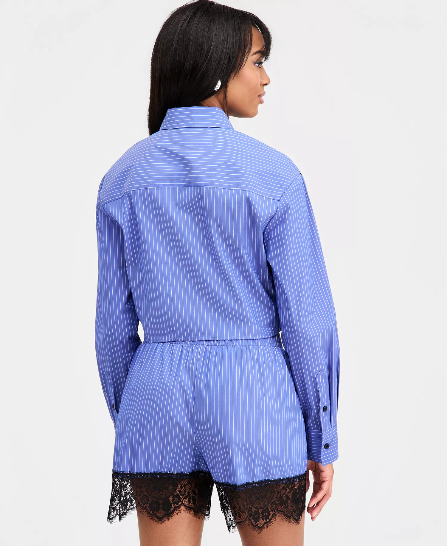 Women's Lace-Trim Cropped Shirt, Macy's Exclusive - Dark Blue Stripe - L