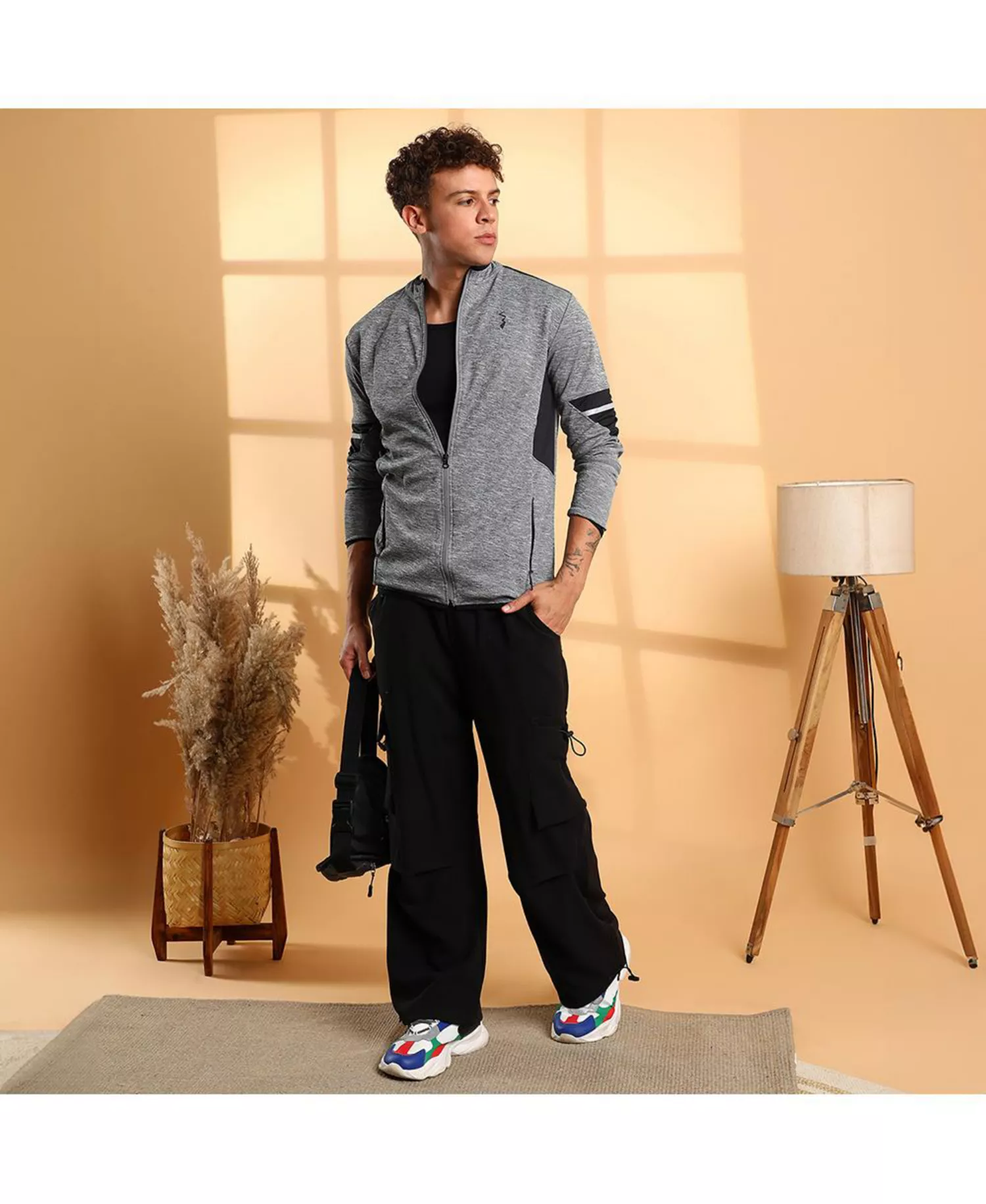 Men's Grey Heathered Activewear Jacket With Contrast Detail - Grey - L