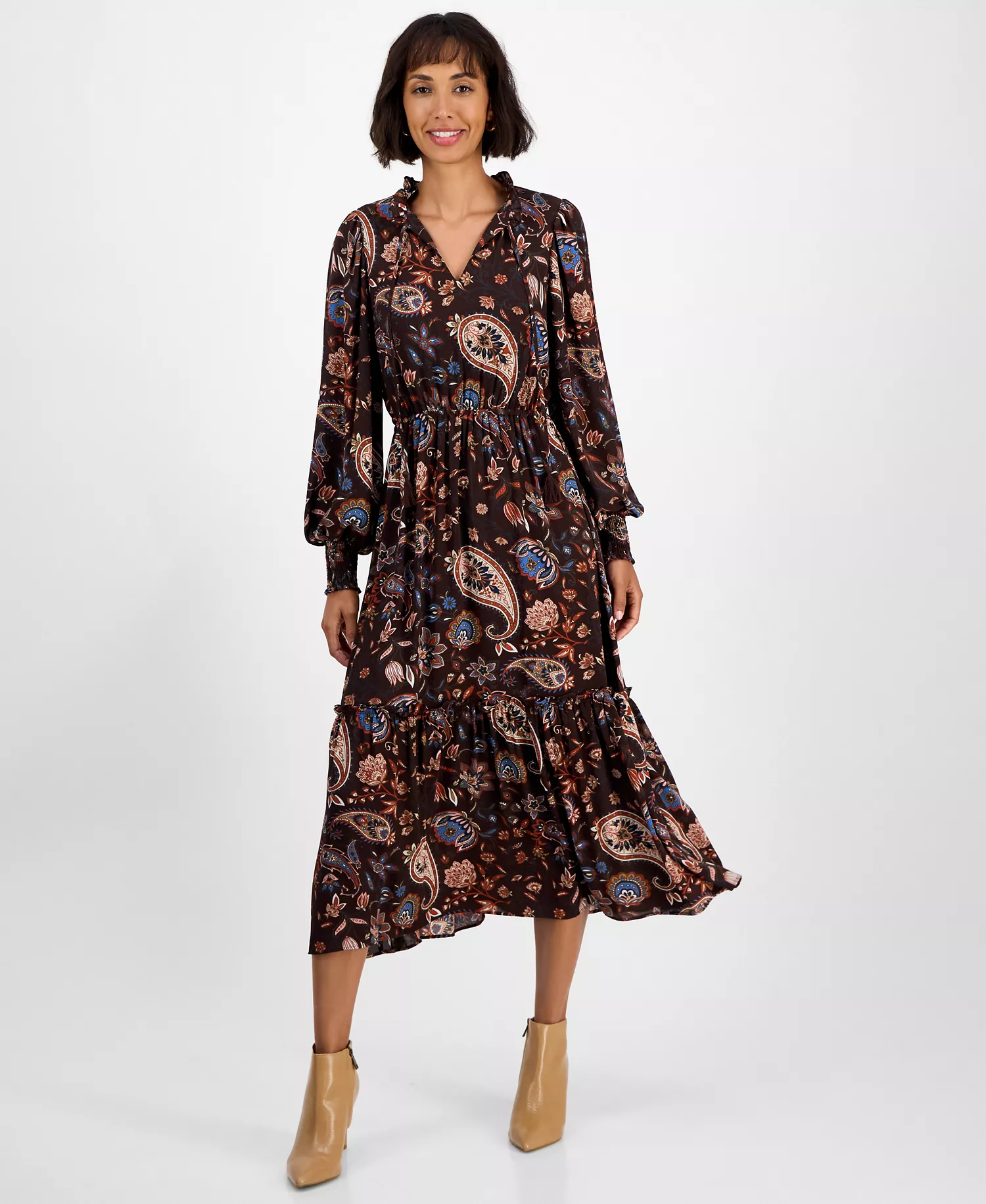 Women's Printed Split-Neck Long-Sleeve Midi Dress - Espresso Paisley Print - S