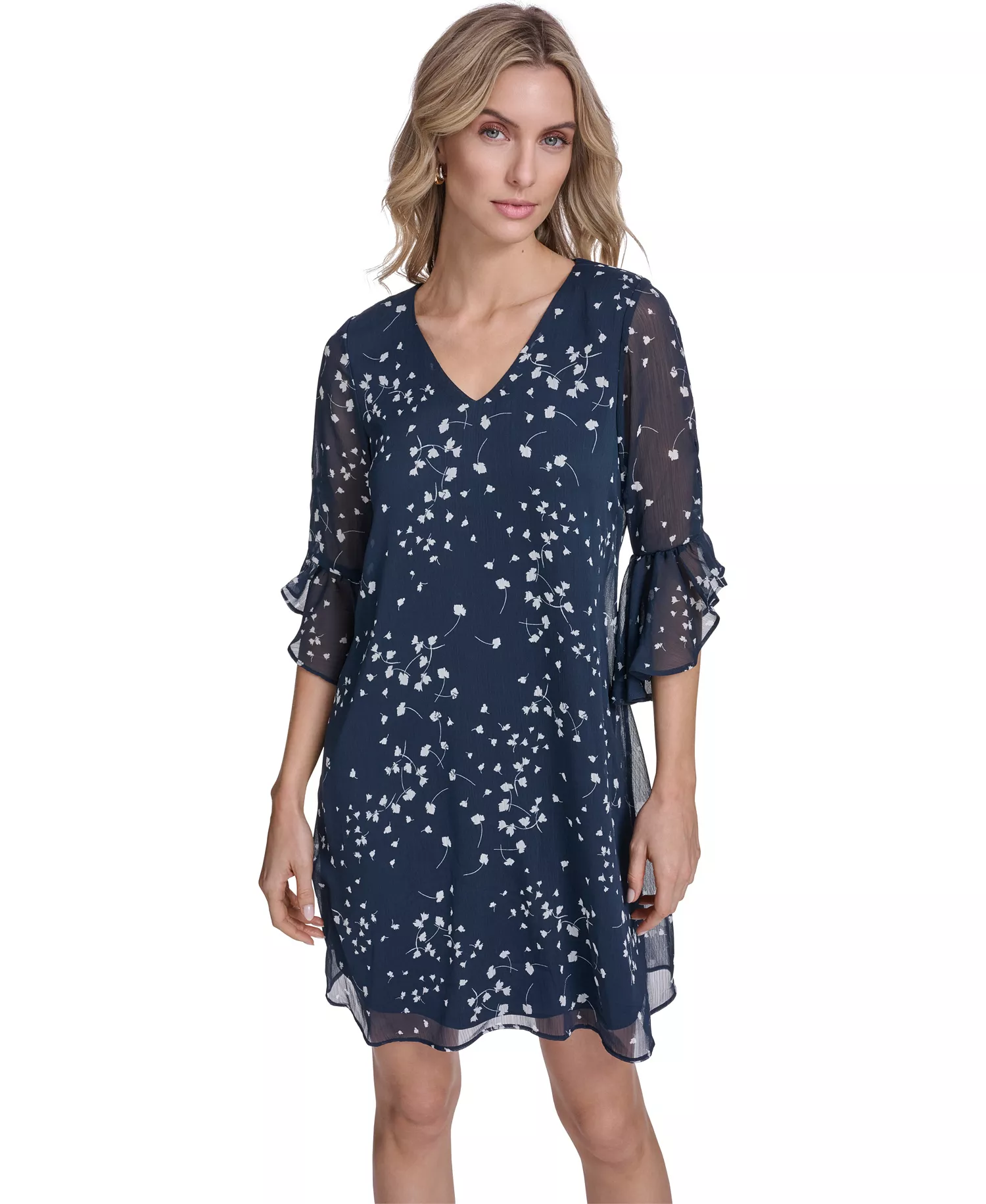 Women's Bell-Sleeve Trapeze Dress - Indigo Cream - 10