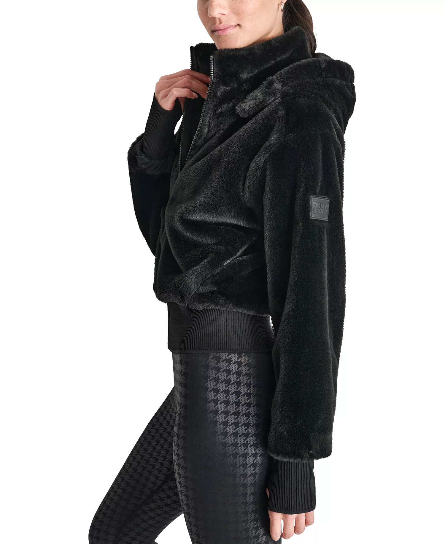 Women's Faux-Fur Zip-Front Bomber Jacket - Black - M