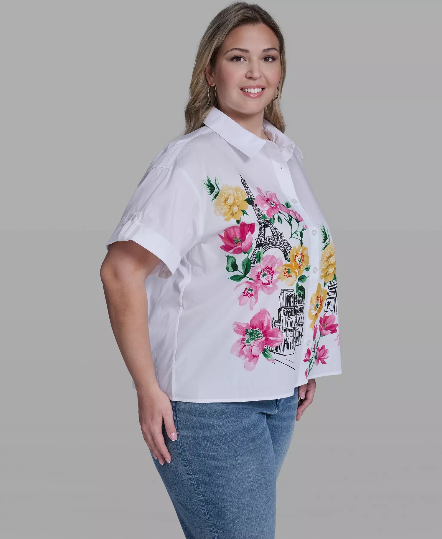 Plus Size Floral Short-Sleeve Top - White - 0X