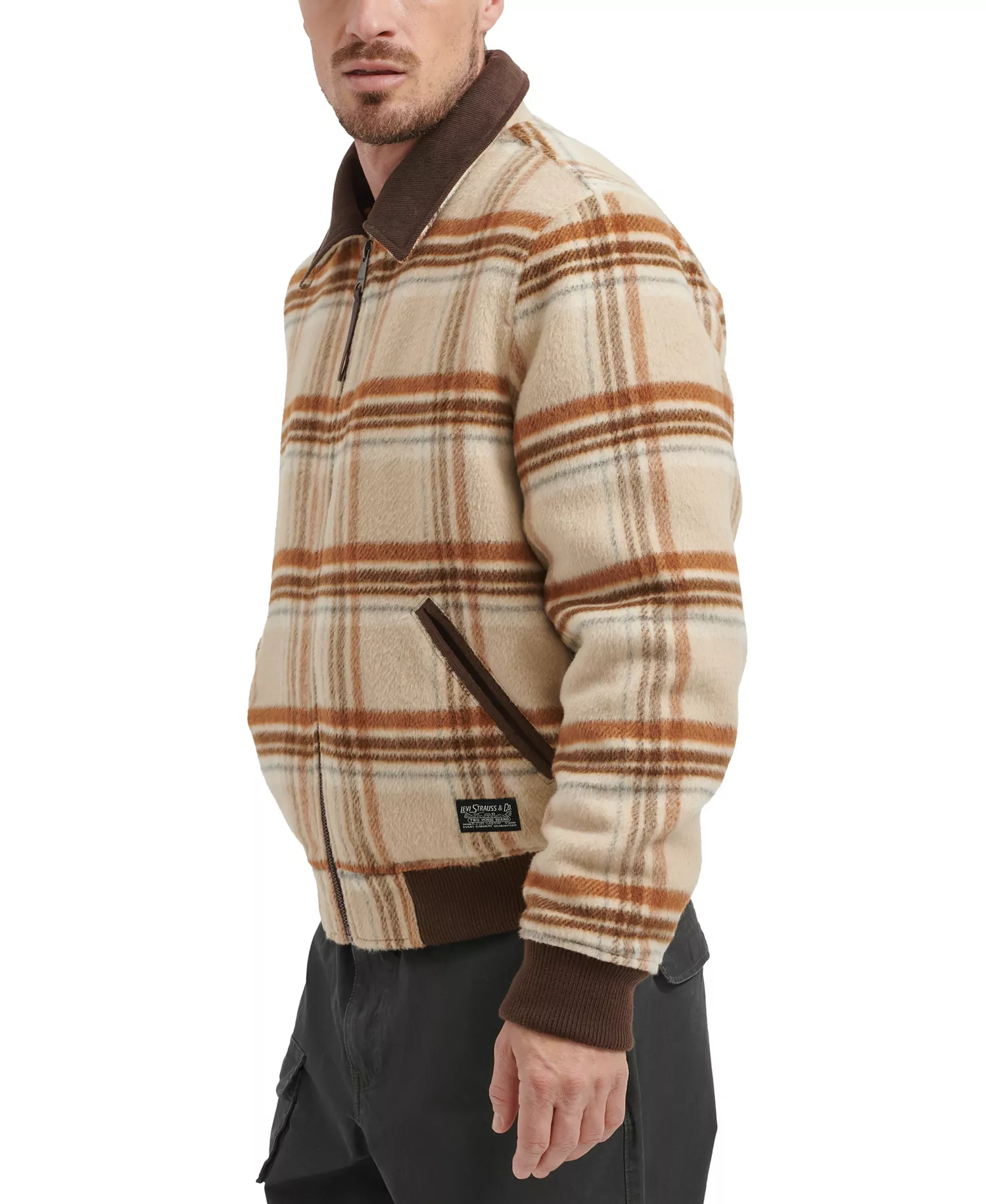 Men's Zip Corduroy-Collar Jacket - Cream Plaid - M