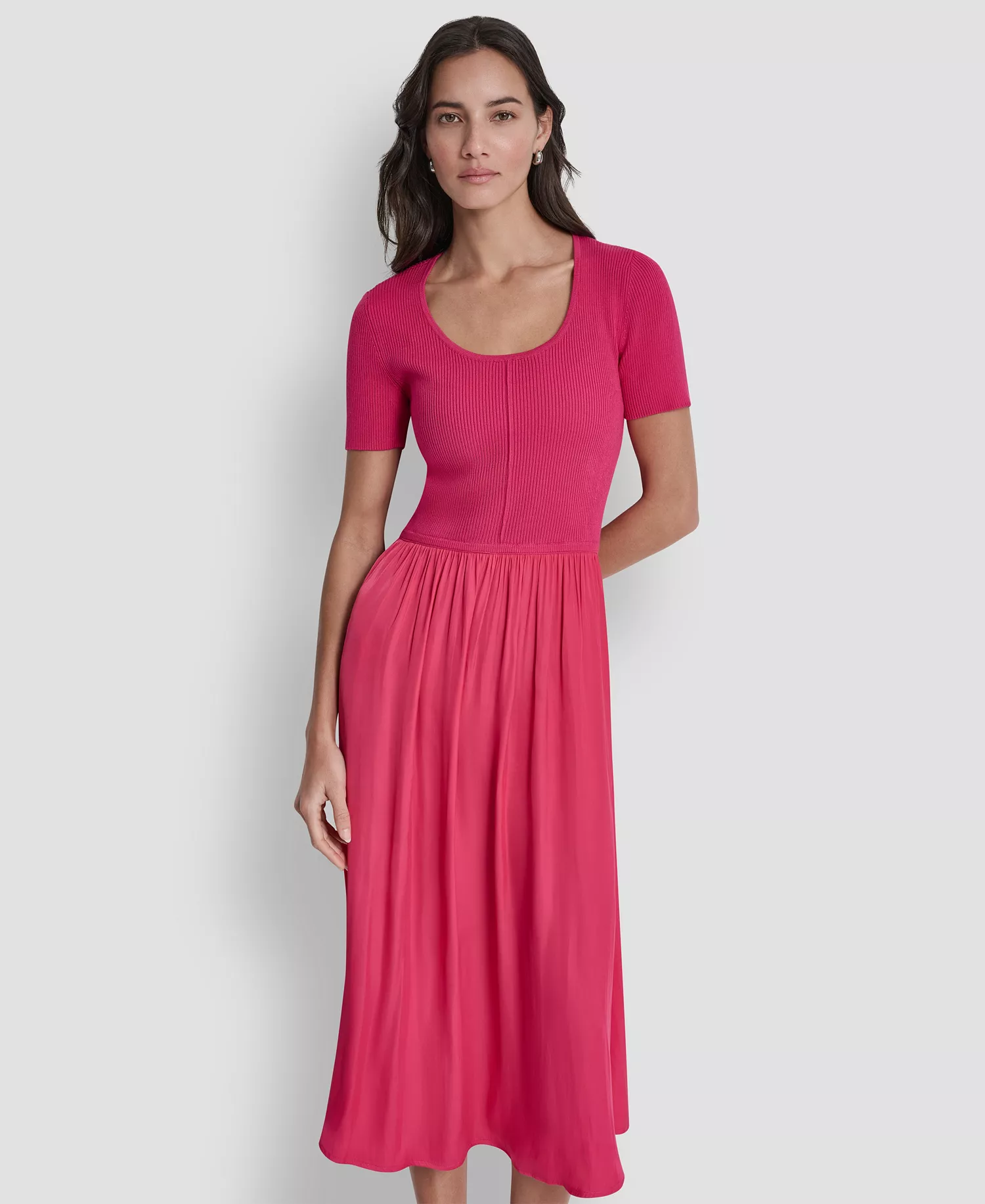 Women's Short-Sleeve Mixed Media Midi Sweater Dress - Hot Pink - L