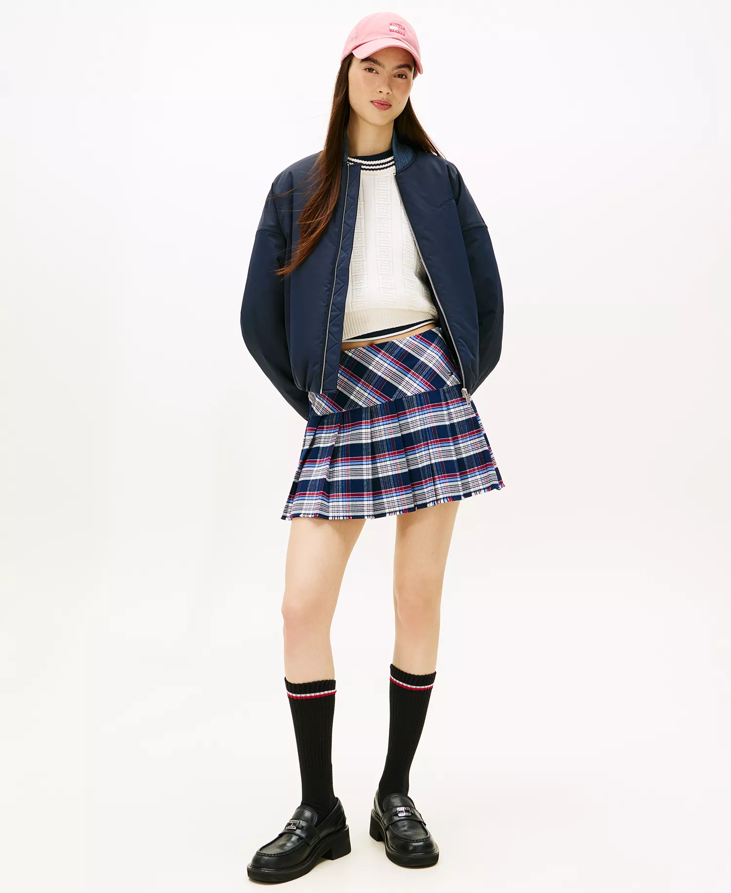 Women's Plaid Structured Pleated Mini Skirt - Navy Tartan - L