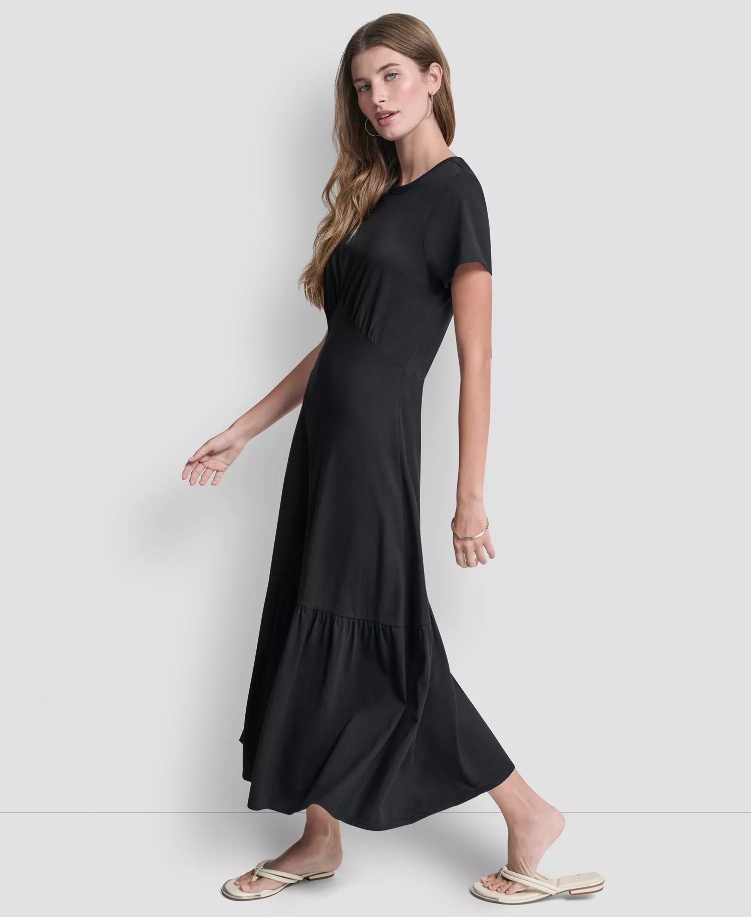 Women's Ruched Bodice Crew Neck Tier Long Dress - Black - L